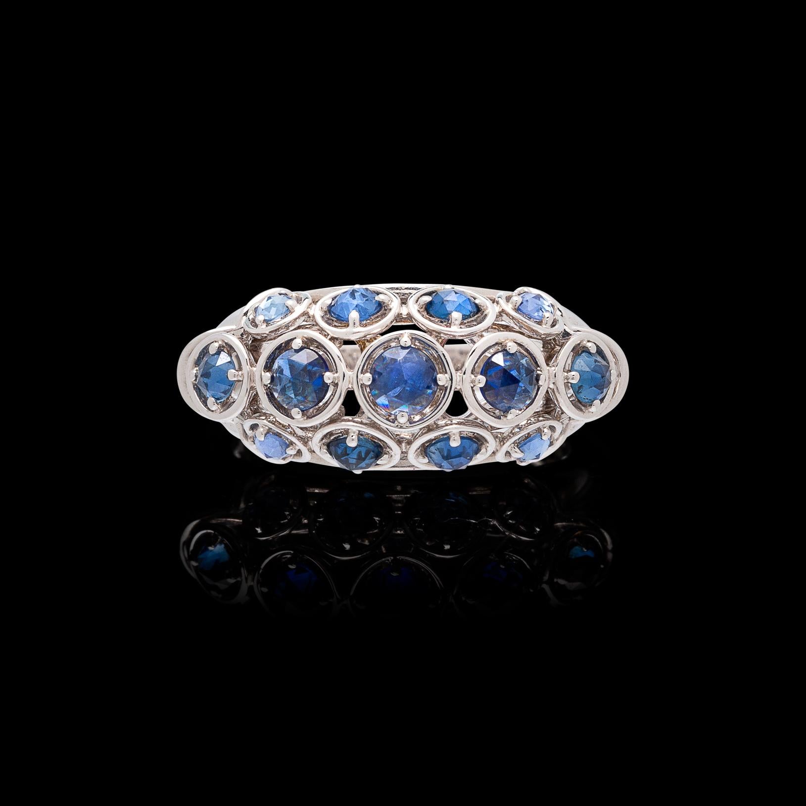 Rose Cut Marina B. Sapphire and 18 Karat White Gold Dome Ring
