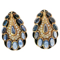 Marina B Sapphire Diamond Earrings Black Enamel Clip-On 18K Yellow Gold