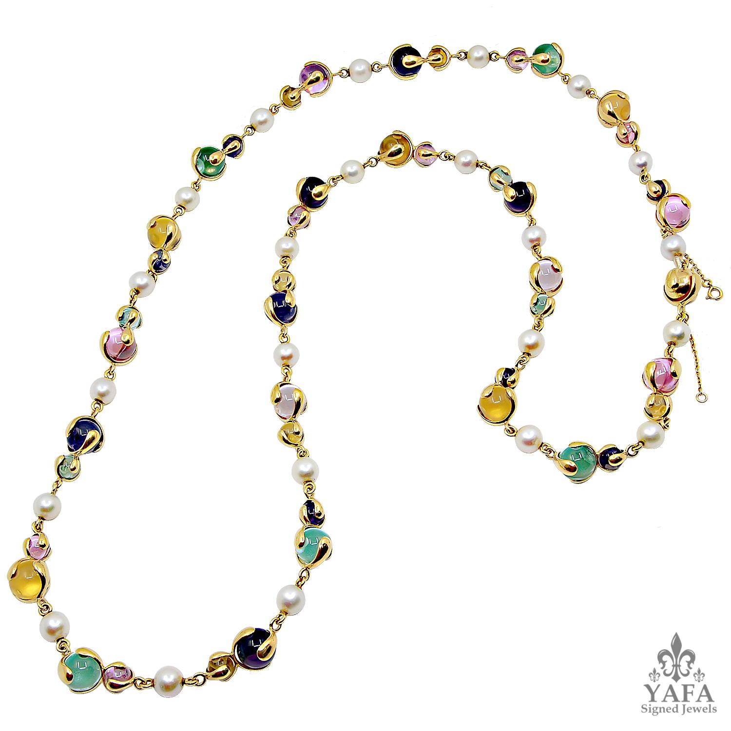 Marina B. Semi Precious Bead Gold Long Necklace
An 18k yellow gold long necklace with pearl, quartz, amethyst and citrine, signed Marina B.
total length is approx. 36″ long
Signed “Marina B”; circa 1980s
