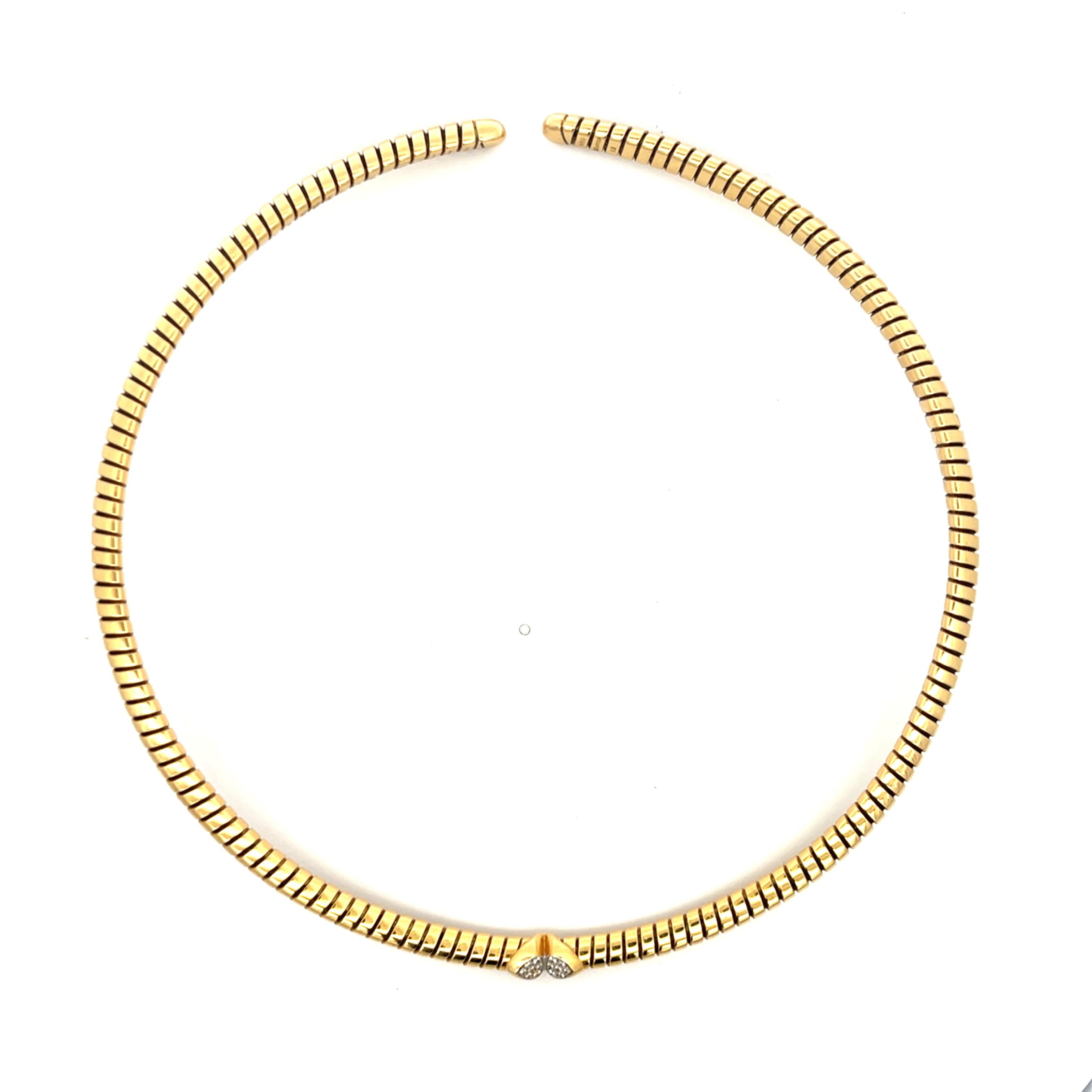 Marina B Trisolina Pave Diamond Collar Necklace in 18K Yellow Gold. The necklace features and accent of 14 brilliant round diamonds 0.08ctw. The necklace has a flexible inner circumference of 13.5 inches and weighs 39.2 grams.