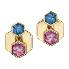 Marina B Vintage Colored Gemstone Geometric Gold Clip Earrings