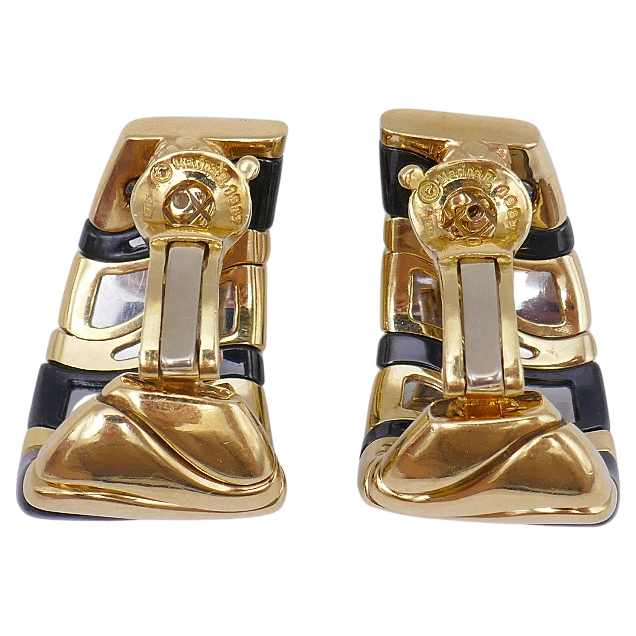 Marina B Vintage Gold Onyx Steel Clip-On Earrings In Excellent Condition For Sale In Beverly Hills, CA
