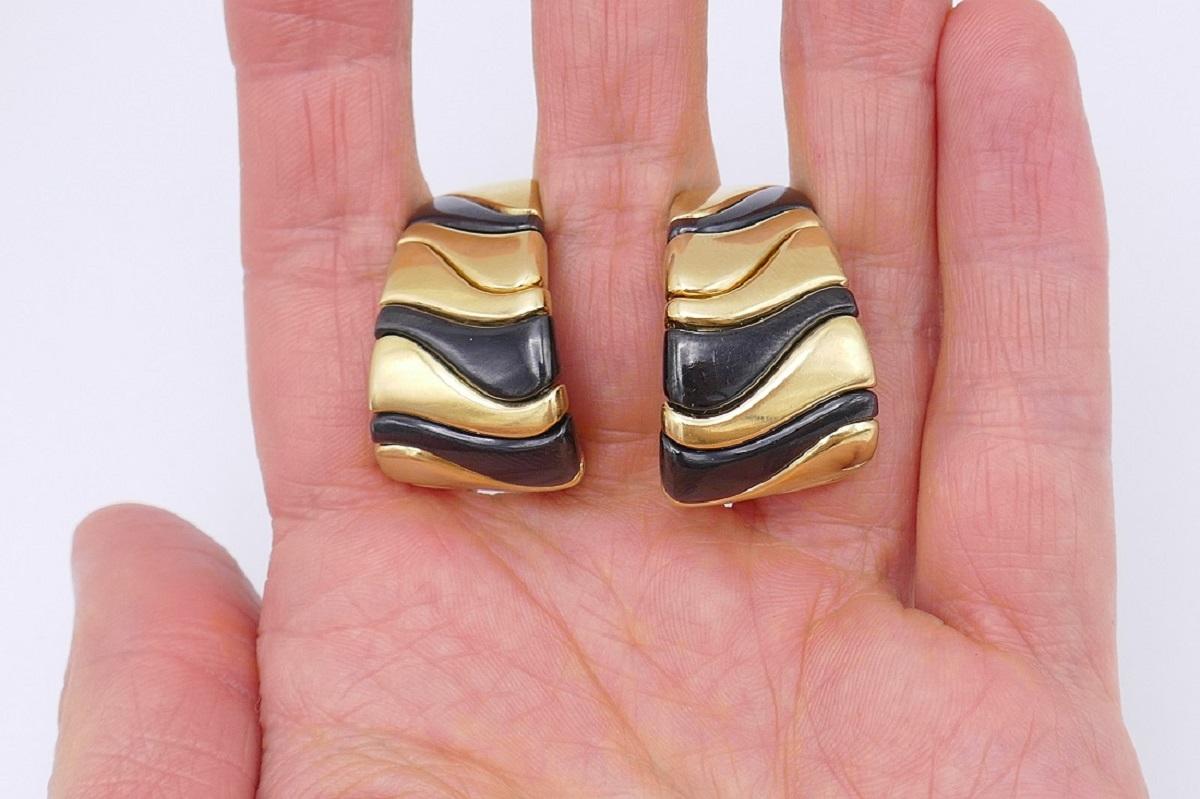 Women's Marina B Vintage Gold Onyx Steel Clip-On Earrings For Sale