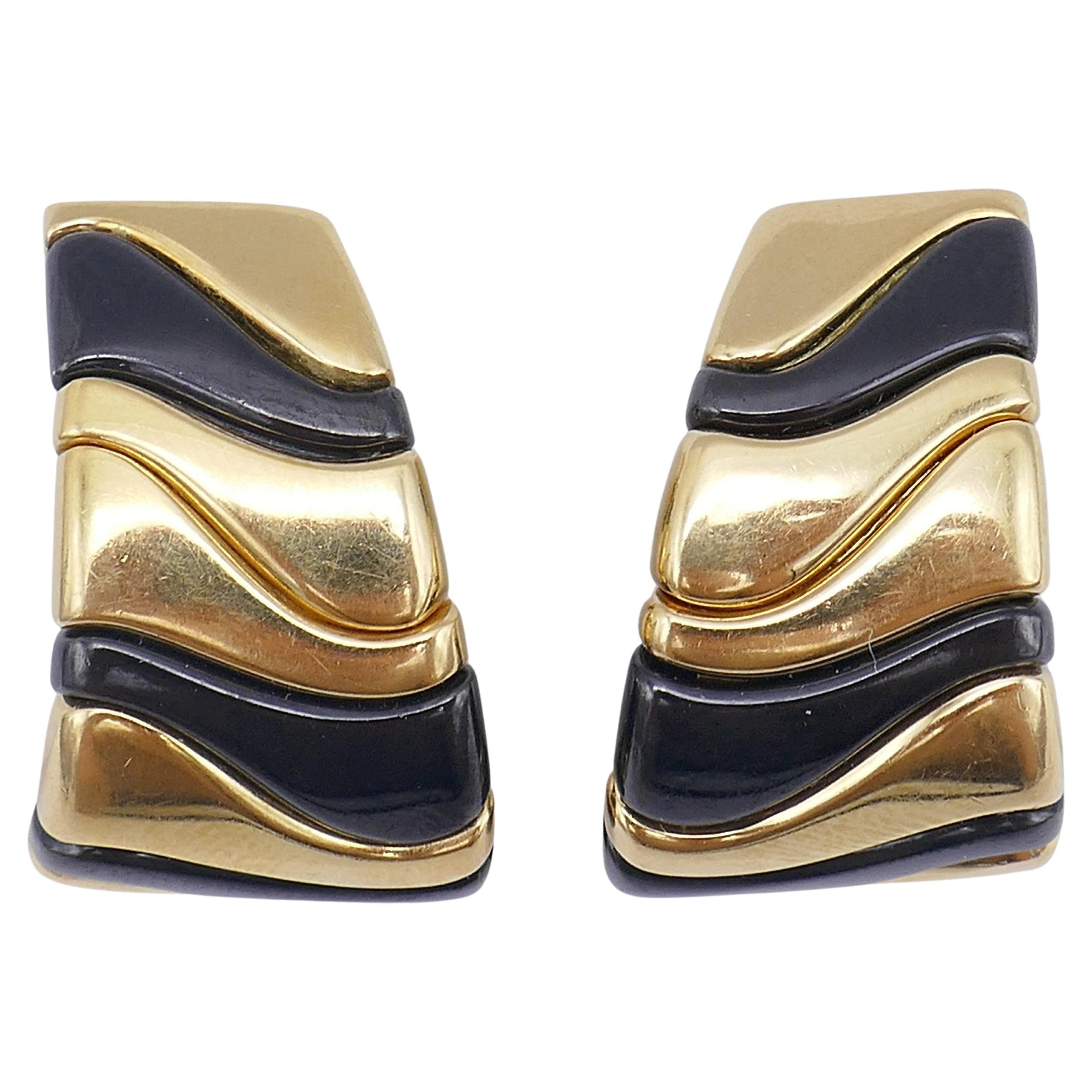 Marina B Vintage Gold Onyx Steel Clip-On Earrings For Sale