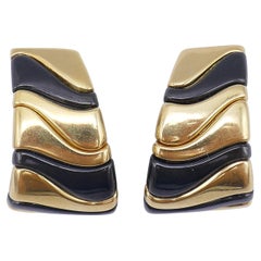 Marina B Retro Gold Onyx Steel Clip-On Earrings