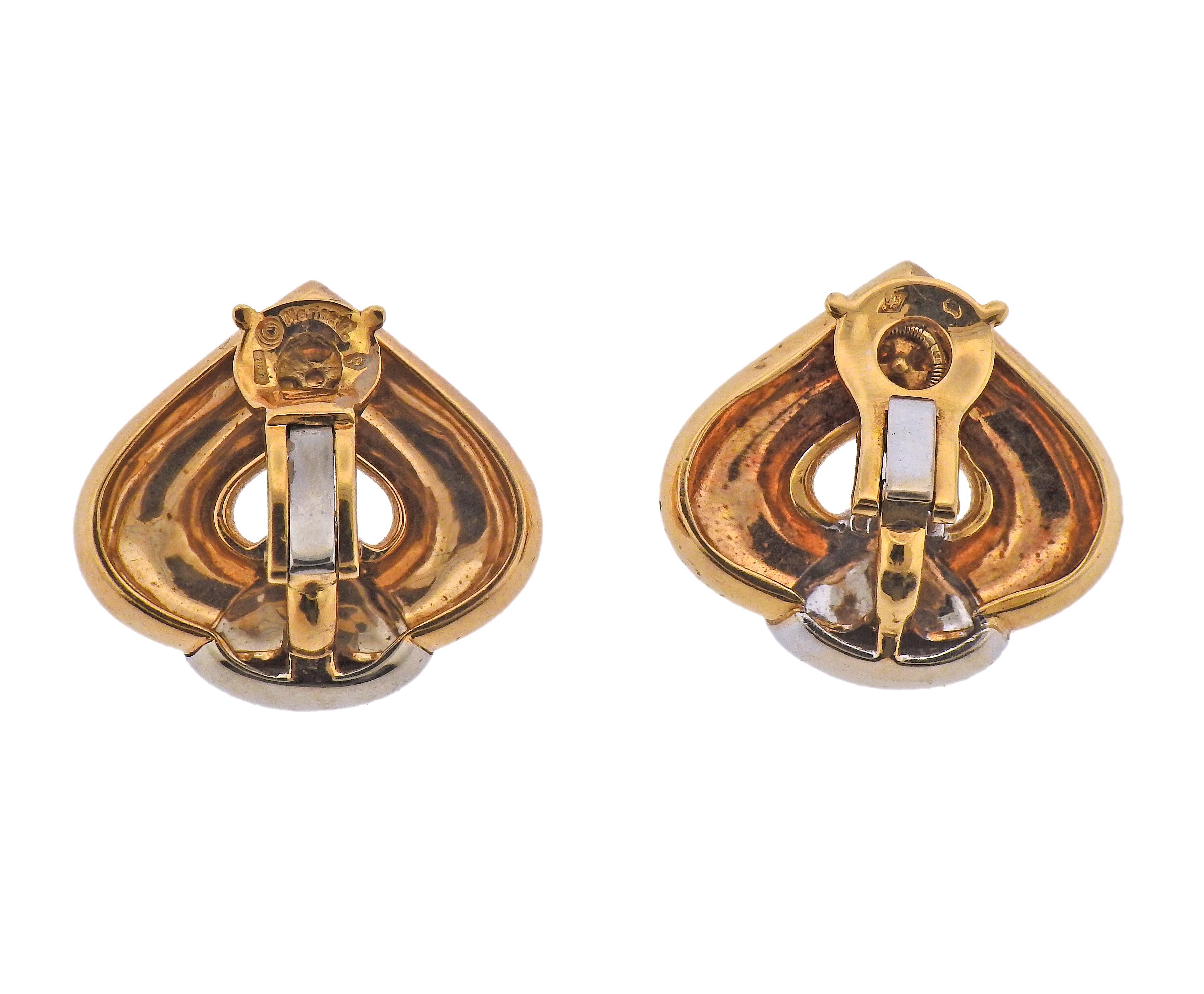 Pair of Marina B white and yellow 18k gold earrings. Measure 25mm x 27mm. Marked: Marina B, 1985A147, 750. Weight - 25.3 grams.