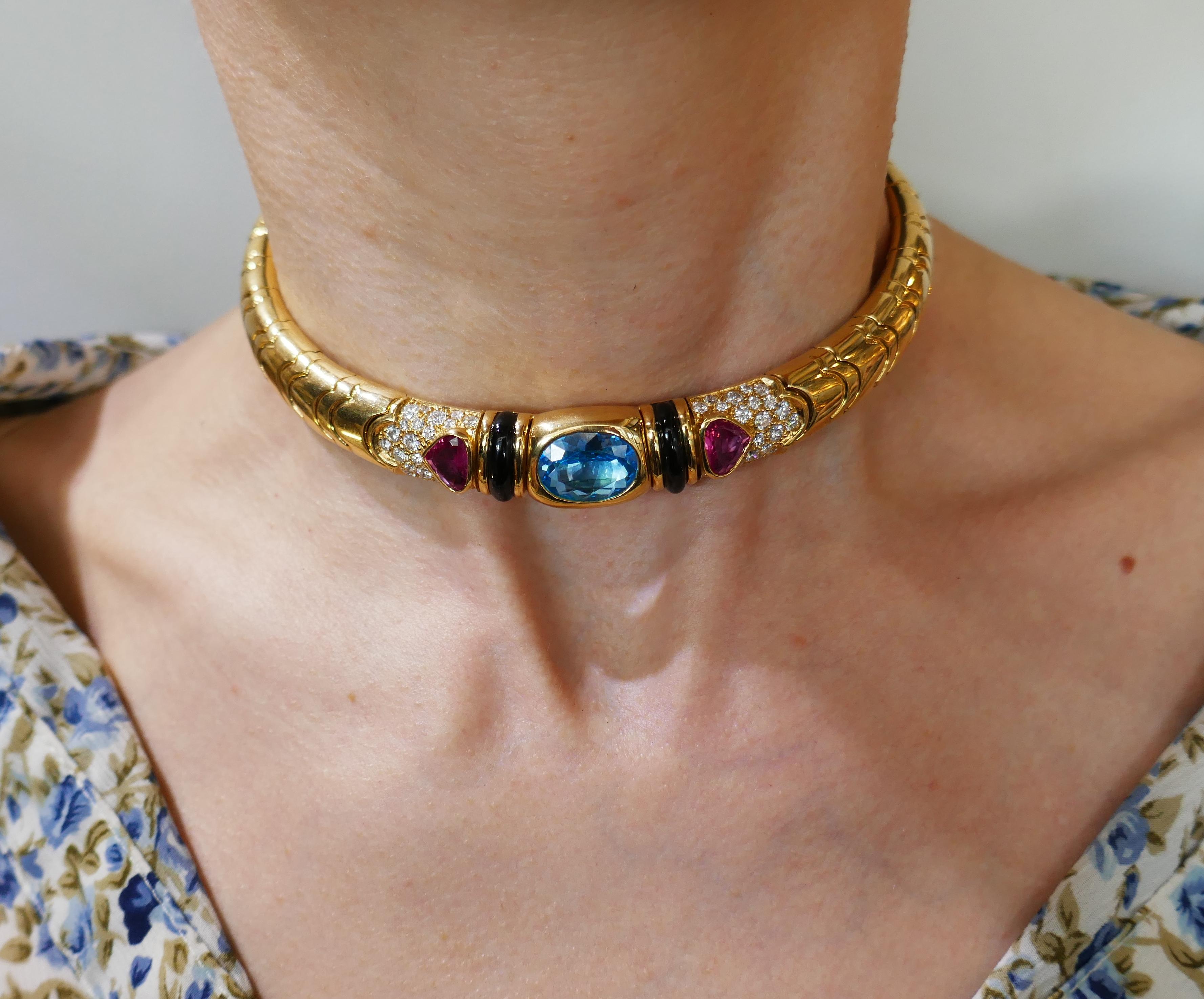 Women's Marina B Yellow Gold Choker Necklace with Blue Topaz Tourmaline Diamond 1980s