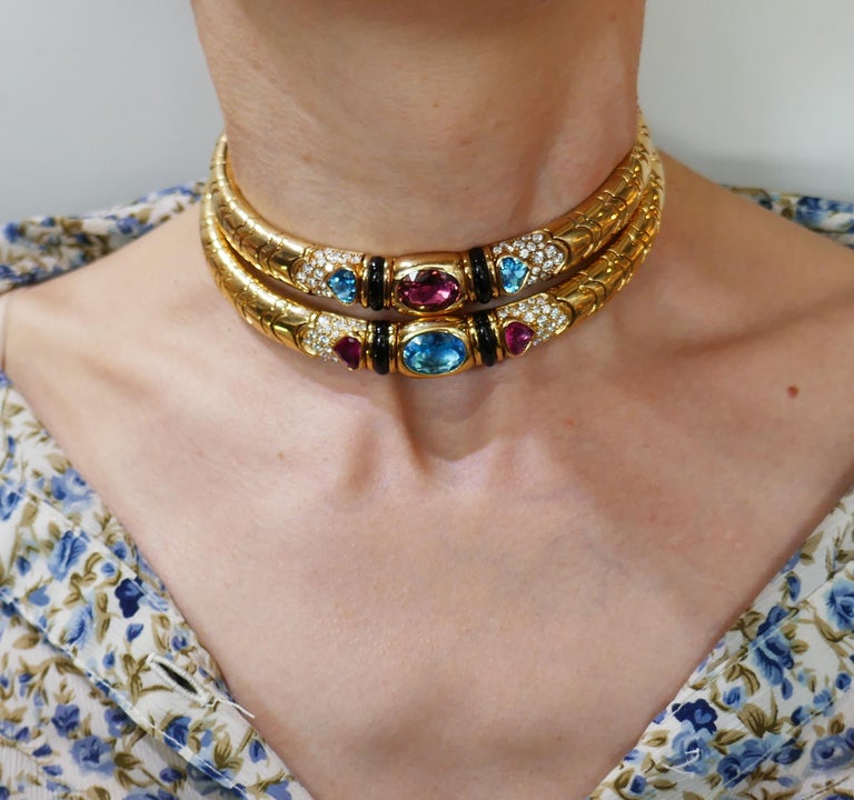 Marina B Yellow Gold Choker Necklace with Blue Topaz Tourmaline Diamond  1980s