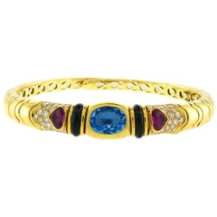 Marina B Yellow Gold Choker Necklace with Blue Topaz Tourmaline Diamond 1980s
