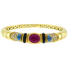 Marina B Yellow Gold Choker Necklace with Tourmaline Blue Topaz Diamond 1980s