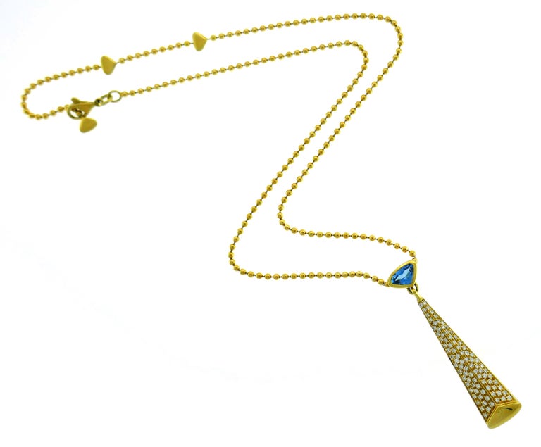 Women's Marina B Yellow Gold Pendant Necklace with Blue Topaz and Diamond, 1980s For Sale