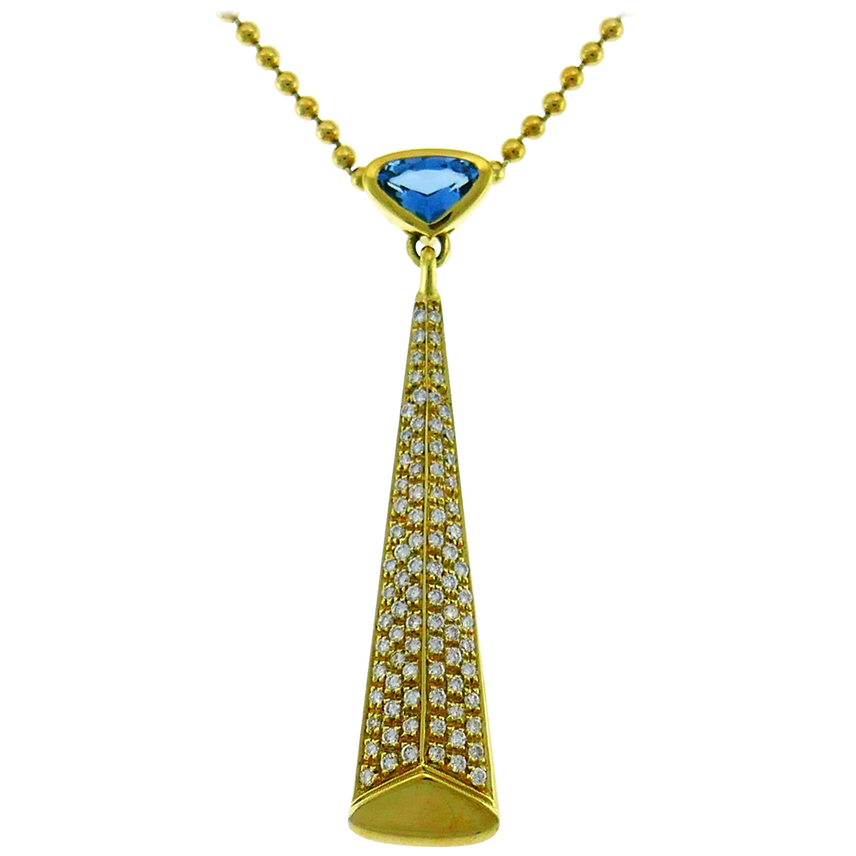 Marina B Yellow Gold Pendant Necklace with Blue Topaz and Diamond, 1980s For Sale