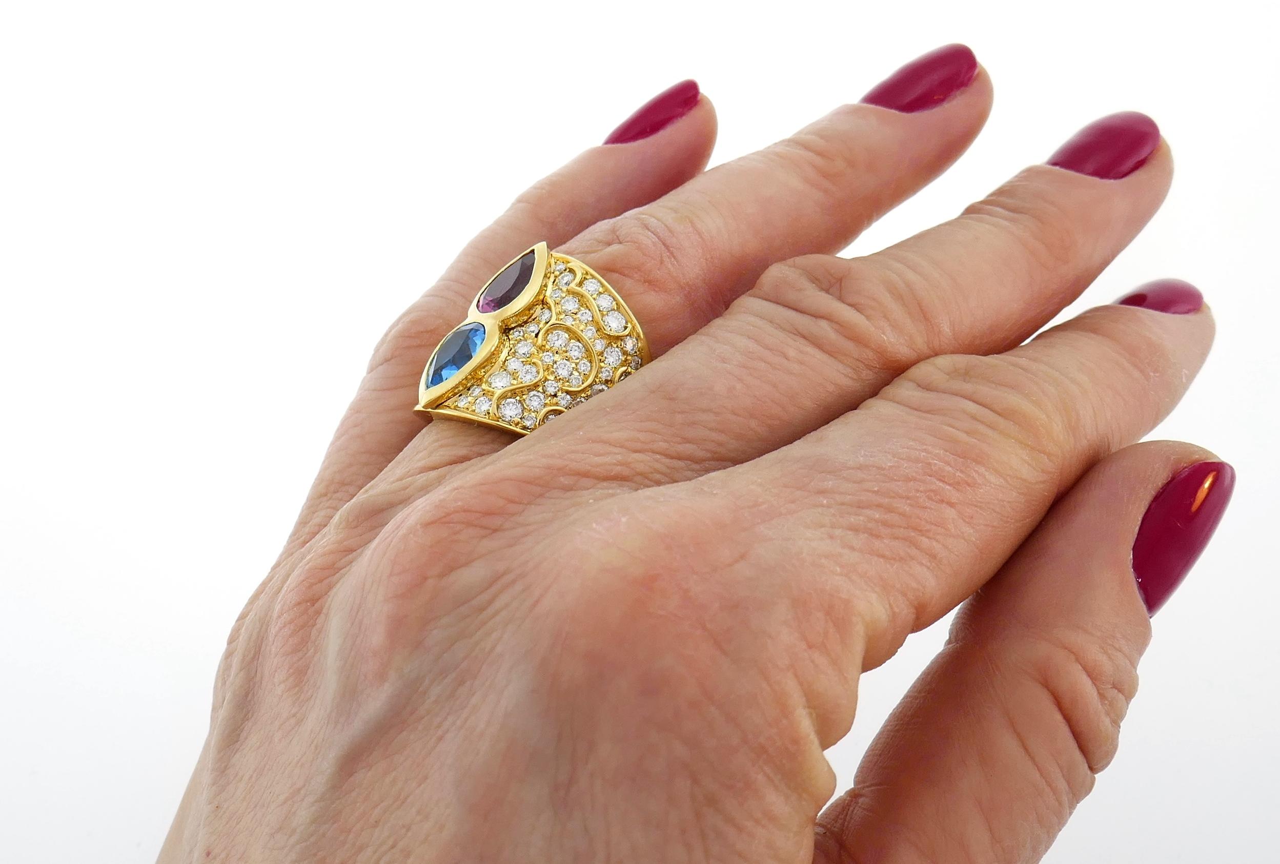 Mixed Cut Vintage Marina B 18k Gold Ring with Blue Topaz Tourmaline Diamond For Sale