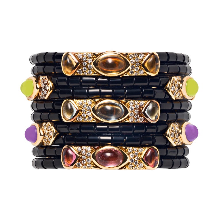 True to her Bulgari heritage, Marina B’s jewelry is full of drama and color. One of the many hallmarks of her designs is her embrace of black – black gold, black mother-of-pearl and black onyx. This rare Yvette cuff features 10 rows of black onyx