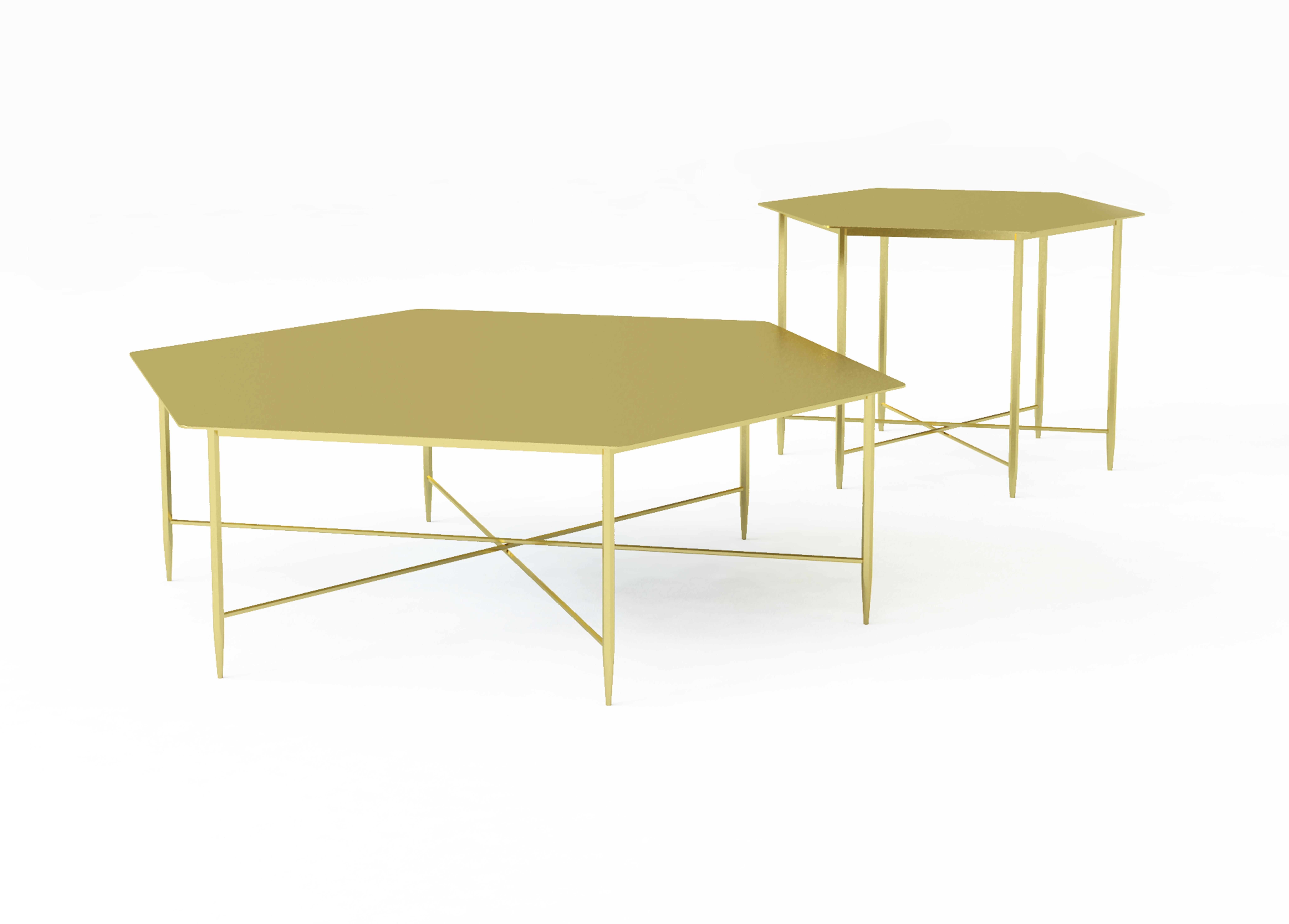 Extruded profiles, commonly used in the boating industry, inspired the design of these luxurious brass tables. In true celebration of the hexagonal form, the elements of the table consist of the hexagonal profile legs and hexagonal cross bars which