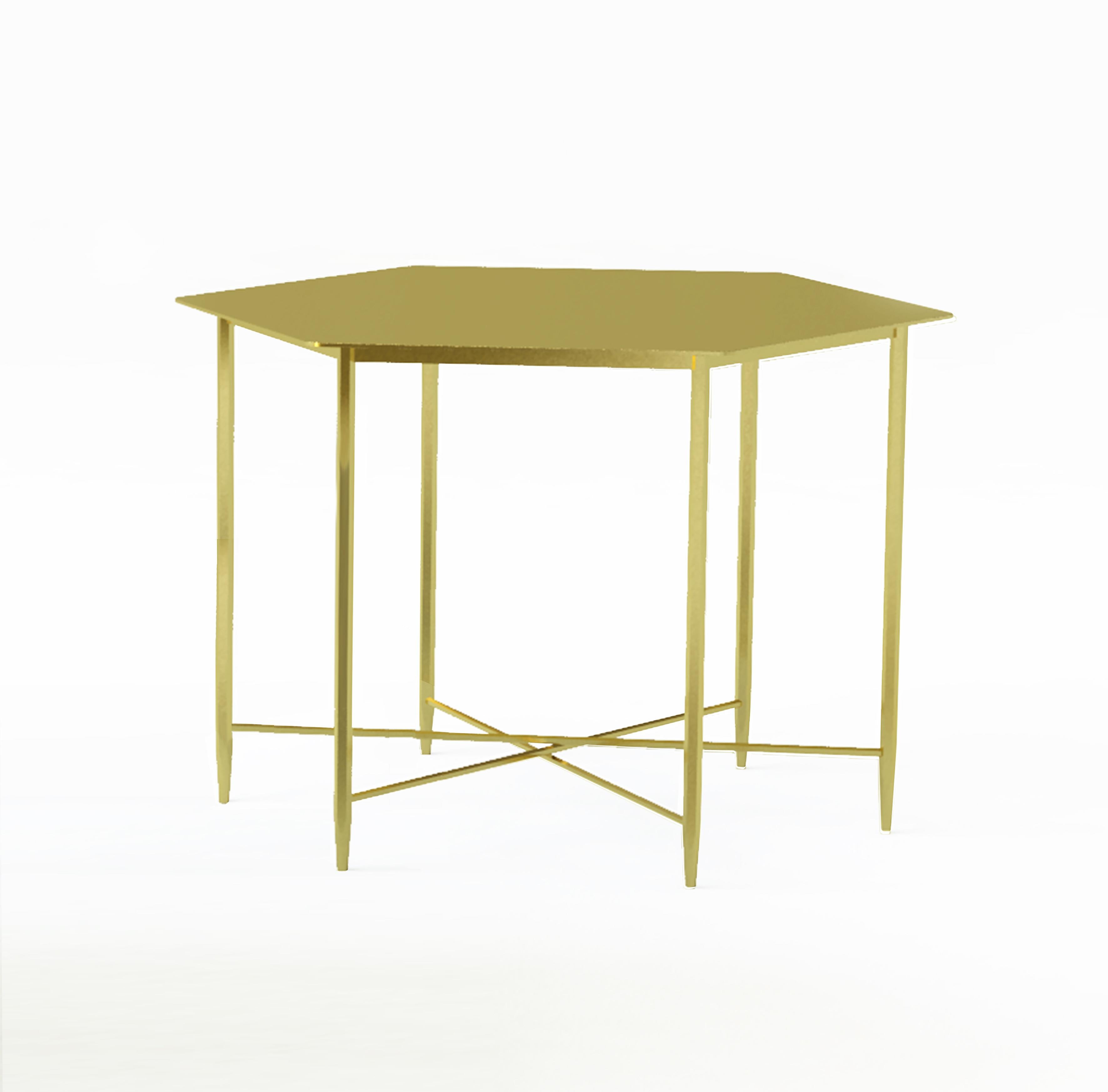 Extruded profiles, commonly used in the boating industry, inspired the design of these luxurious brass tables. In true celebration of the hexagonal form, the elements of the table consist of the hexagonal profile legs and hexagonal cross bars which