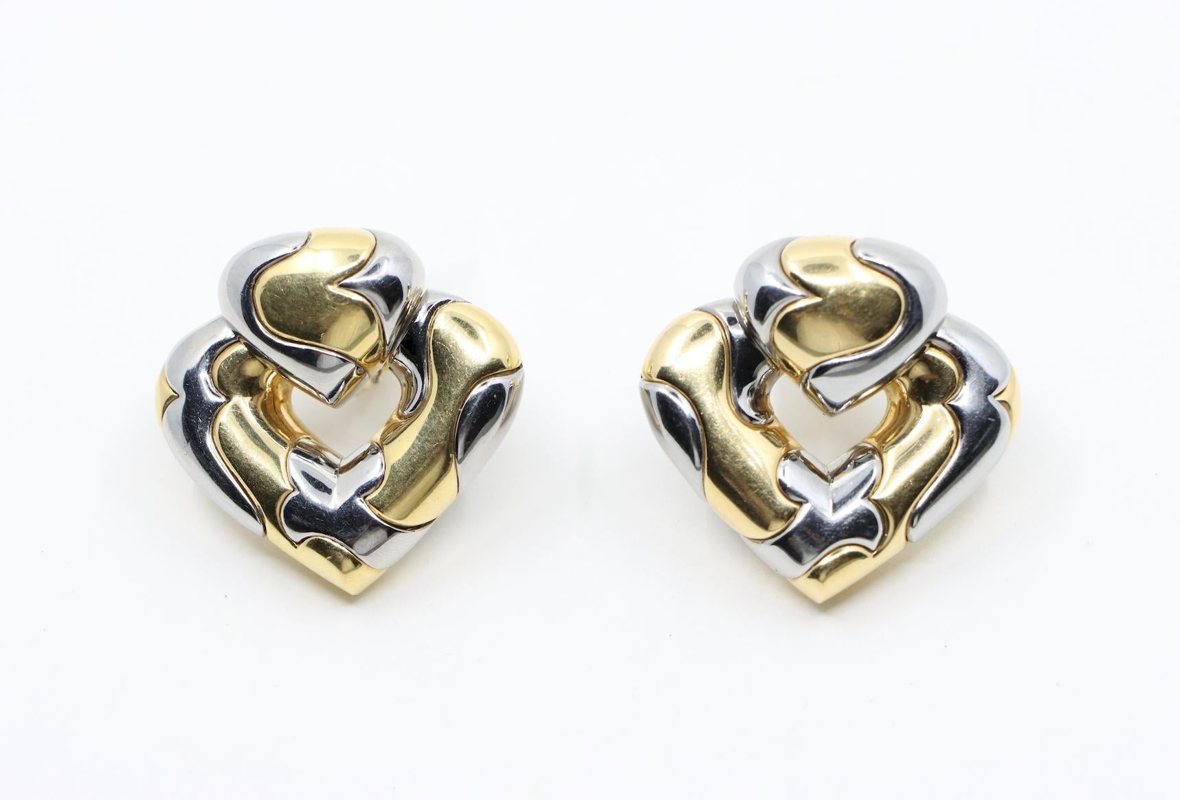 Marina Bulgari 18K Gold & Sterling Silver Heart Earrings In Good Condition In Flushing, NY