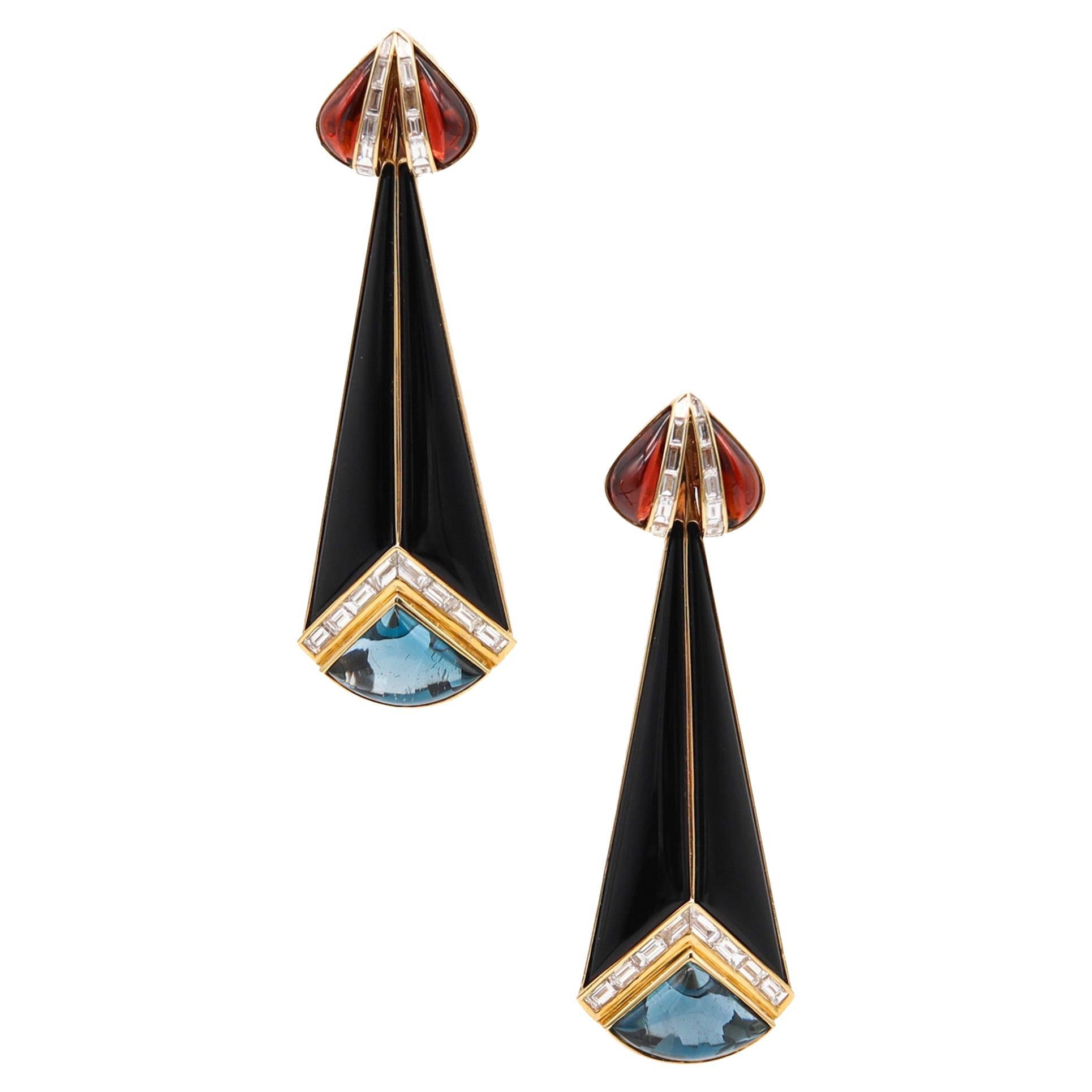 Marina Bvlgari 1983 Troc Dangle Drop Earrings 18kt Gold with 30.87 Ctw in Gems For Sale