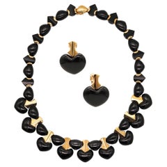 Retro Marina Bvlgari 1996 Ciao Necklace and Earrings Suite 18kt Gold with Black Jade
