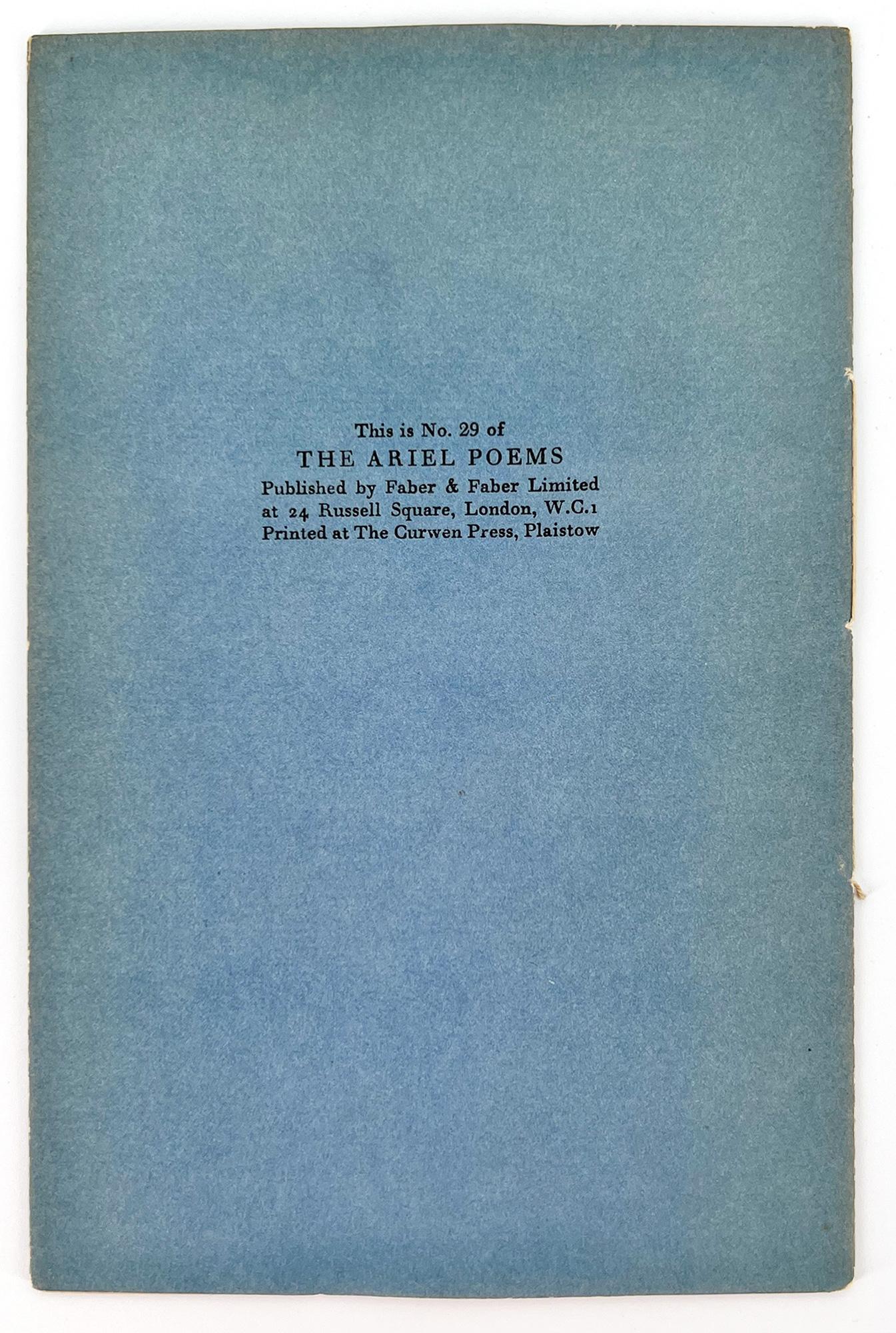London: Faber & Faber, 1930. 
First Edition
8vo, 7 3/8 x 4 3/4 inches (187 x 122 mm); Cover title, 4 pp, including one color illustration by E. McKnight Kauffer. Stab-stitched blue paper wrapper printed in black on pages i (color frontispiece) and