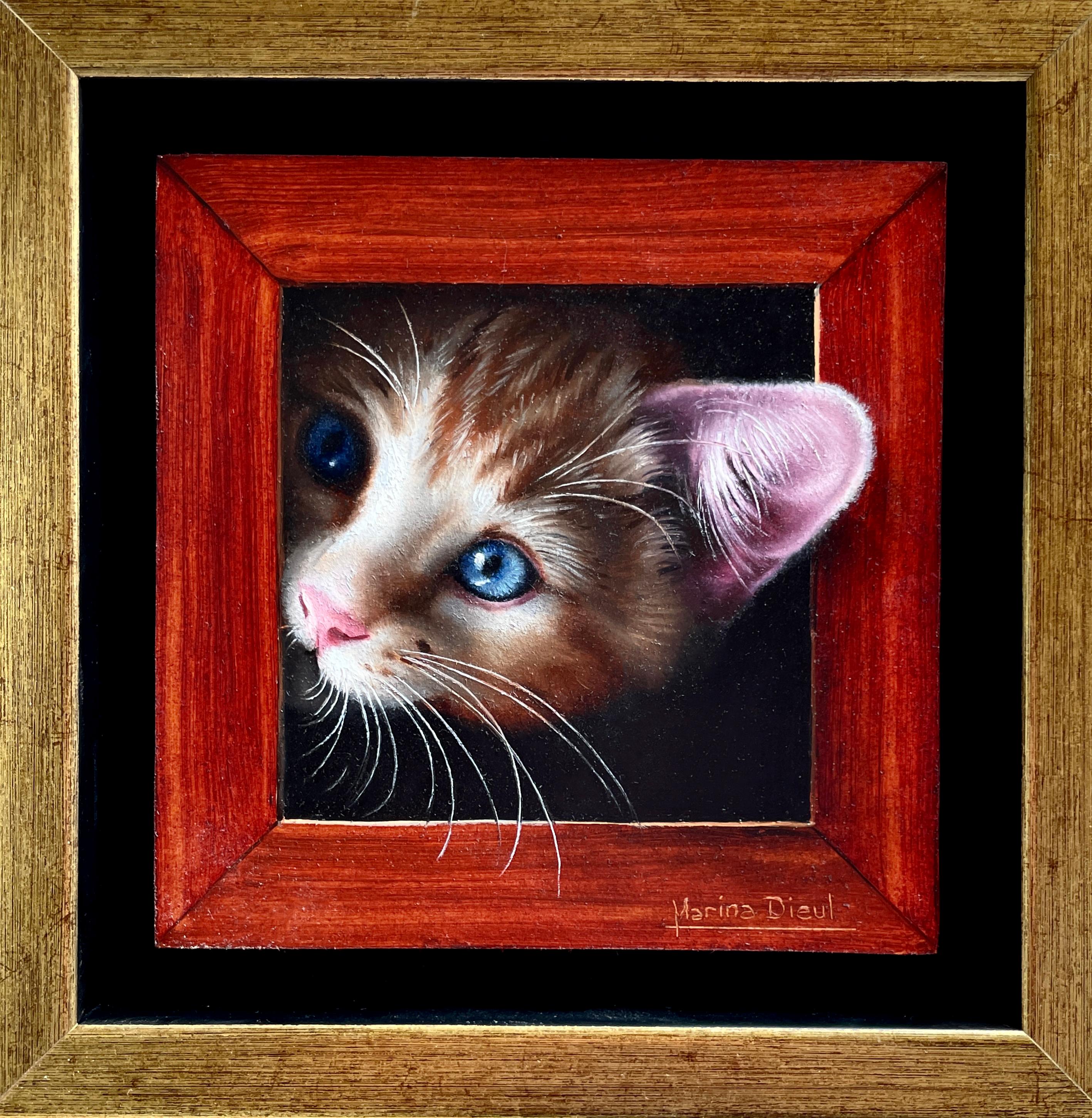 Figurative Painting Marina Dieul - "Chat 34  Peinture à l'huile originale d'un chat en trompe-l'œil
