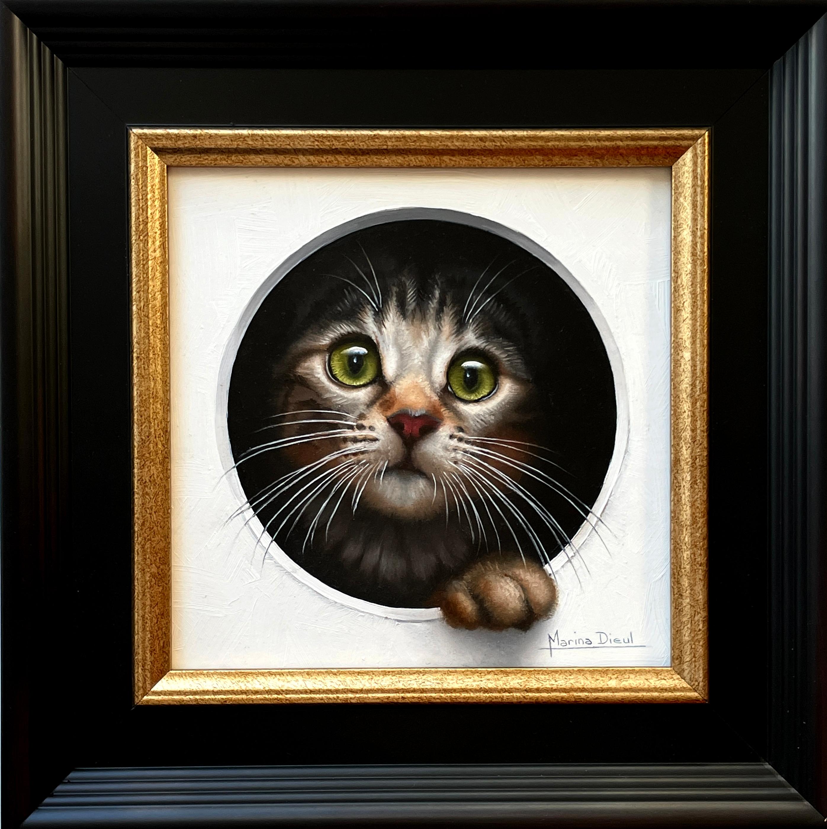 Marina Dieul’s "Chat 37" is a masterfully executed trompe-l'œil oil painting that captures the playful curiosity of a cat emerging from a circular opening. The work, painted in 2024, showcases Dieul’s signature hyper-realistic detail, from the cat’s
