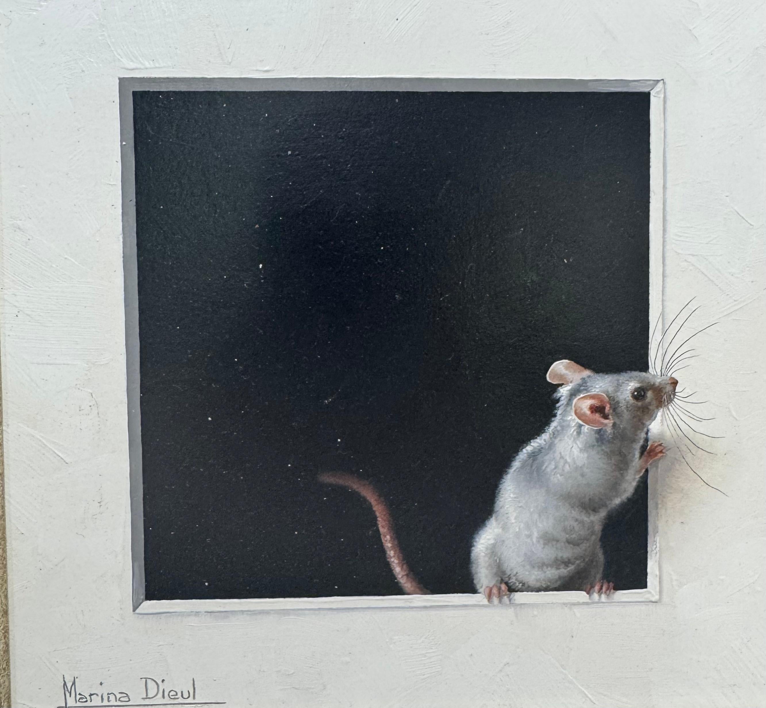 Large Trompe L’eole Mouse & Cat Oil Painting en venta 2