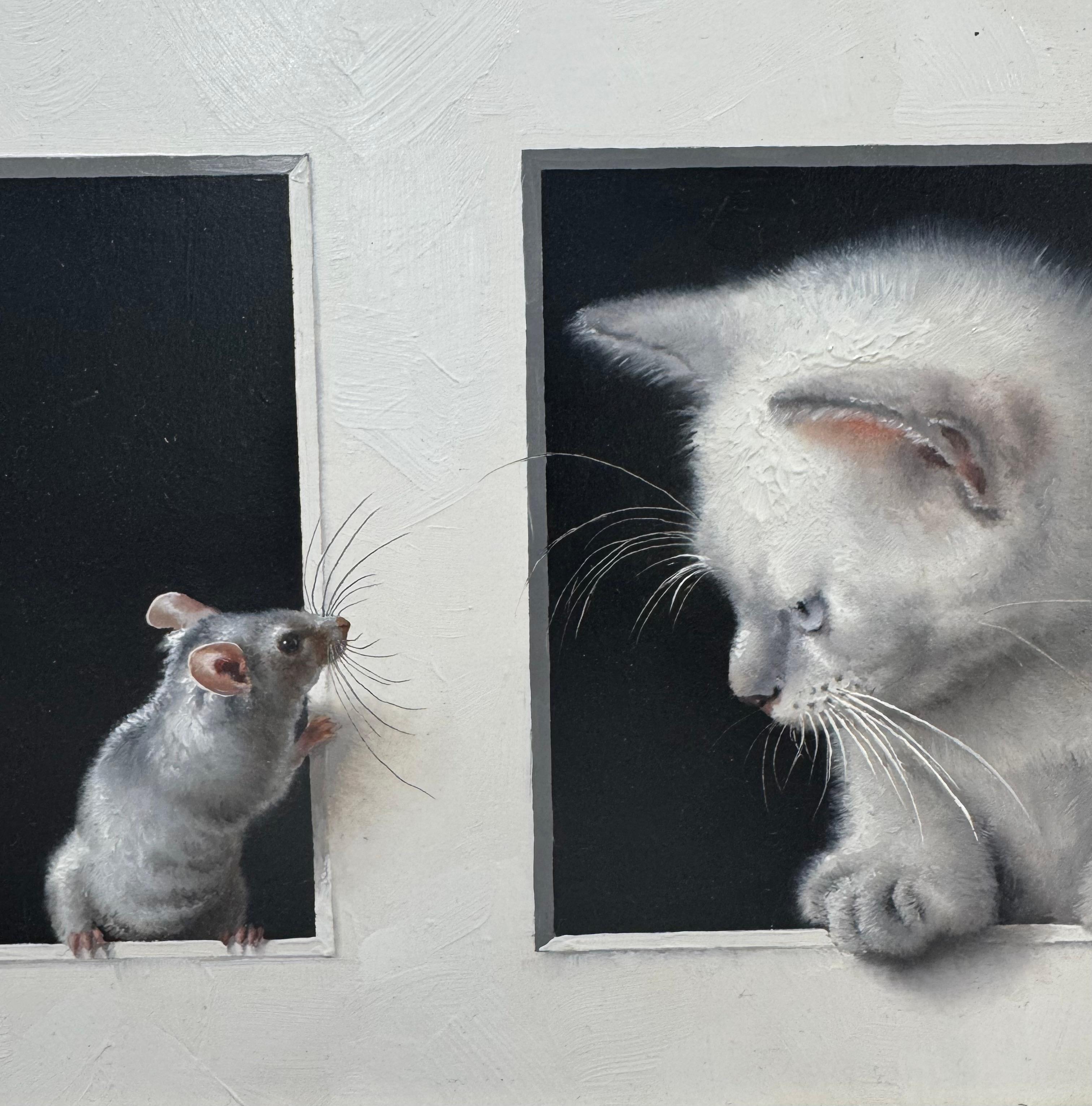 Large Trompe L’eole Mouse & Cat Oil Painting en venta 3