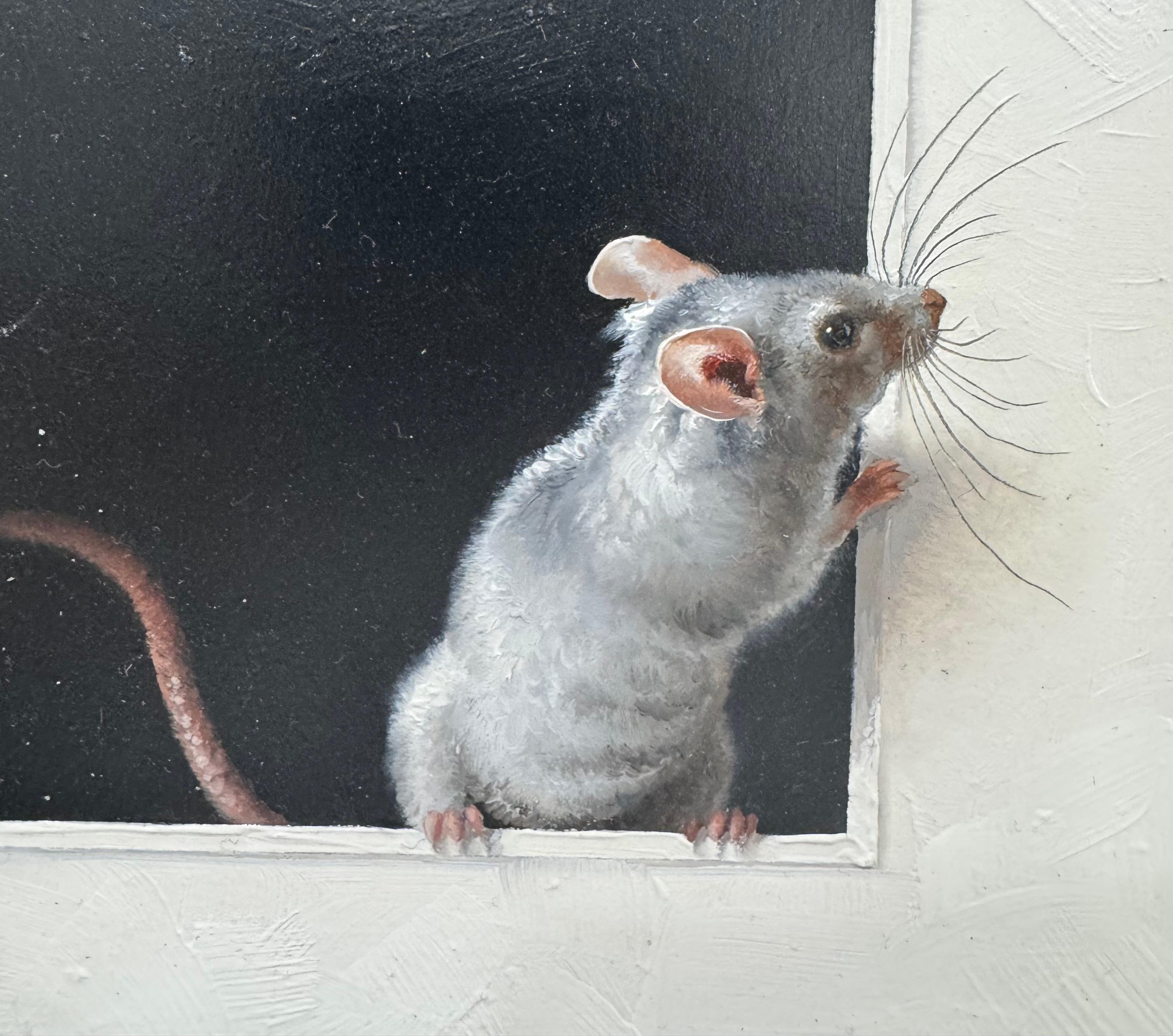 Large Trompe L’eole Mouse & Cat Oil Painting en venta 4