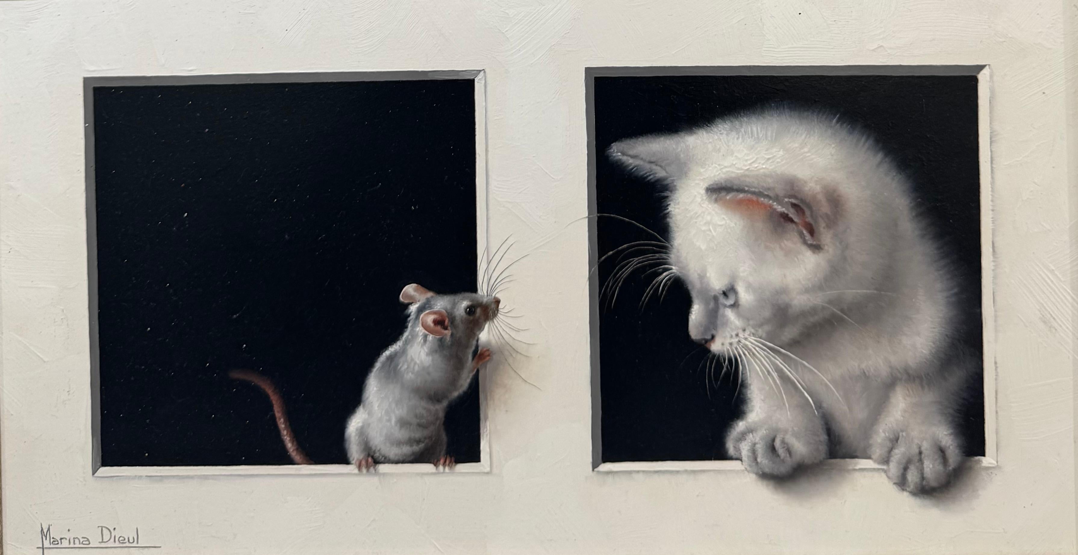 Large Trompe L’eole Mouse & Cat Oil Painting en venta 6
