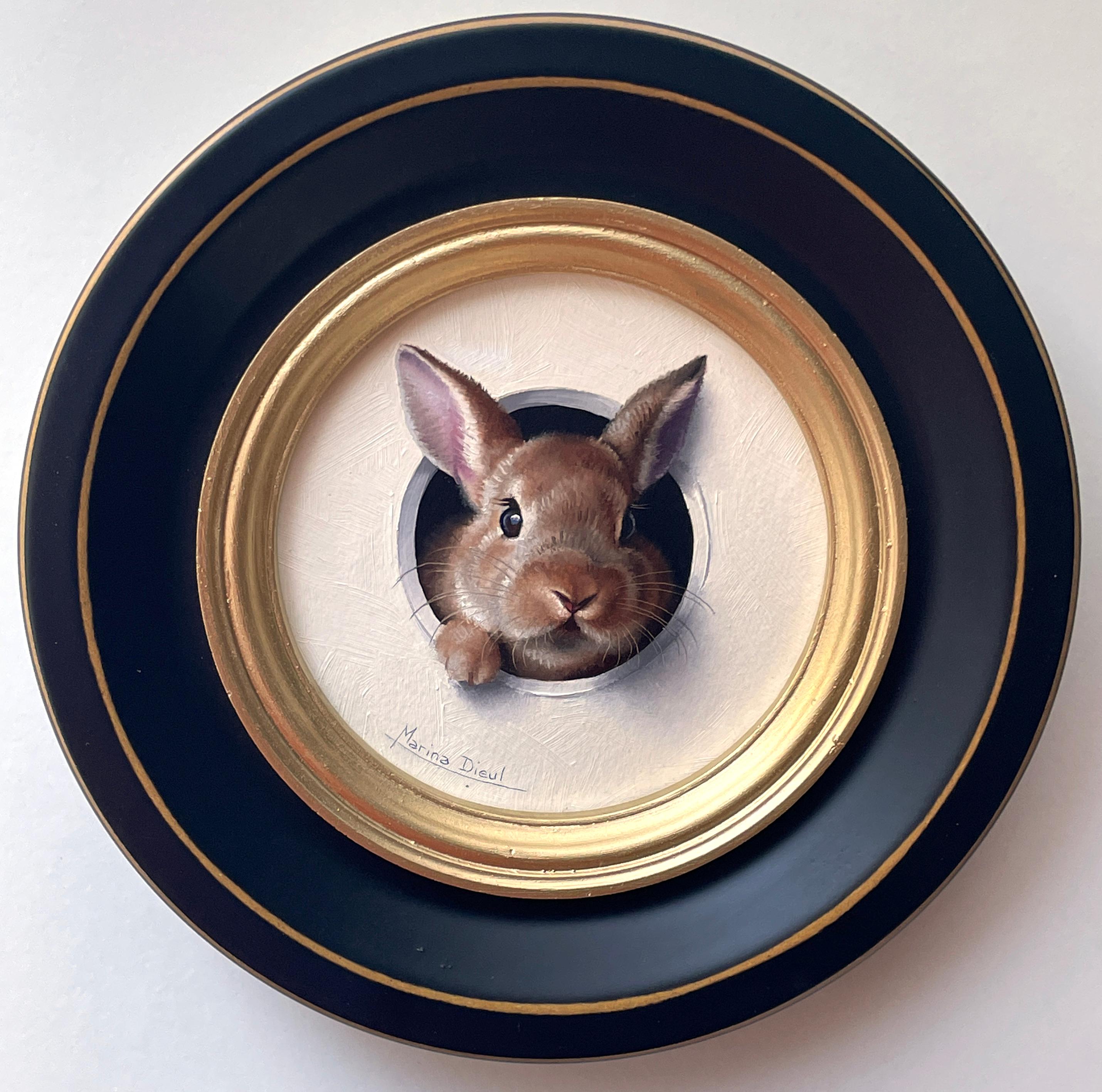 Marina Dieul's "Mini Lapin 34, 2024" is an exquisite handmade original oil on panel artwork, measuring 4 x 4 x 1 inches, that comes directly from the artist's studio. This piece is a primary market offering that showcases Dieul's impeccable talent