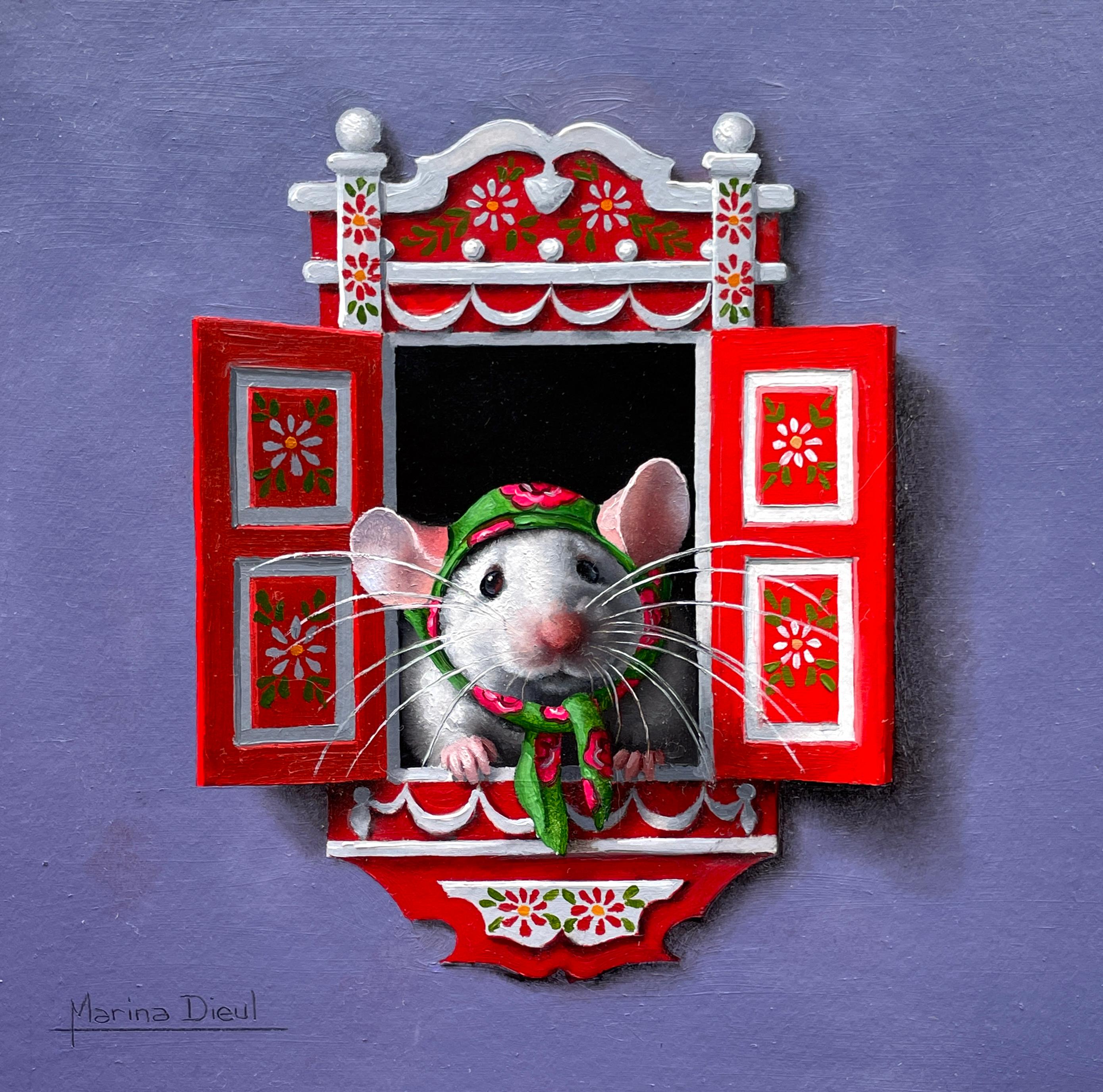 "Souris a la fenêtre 15" by Marina Dieul, Oil Painting, Mouse with Red Shutters