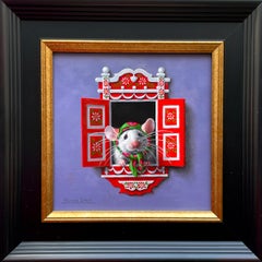 "Souris a la fenêtre 15" by Marina Dieul, Oil Painting, Mouse with Red Shutters