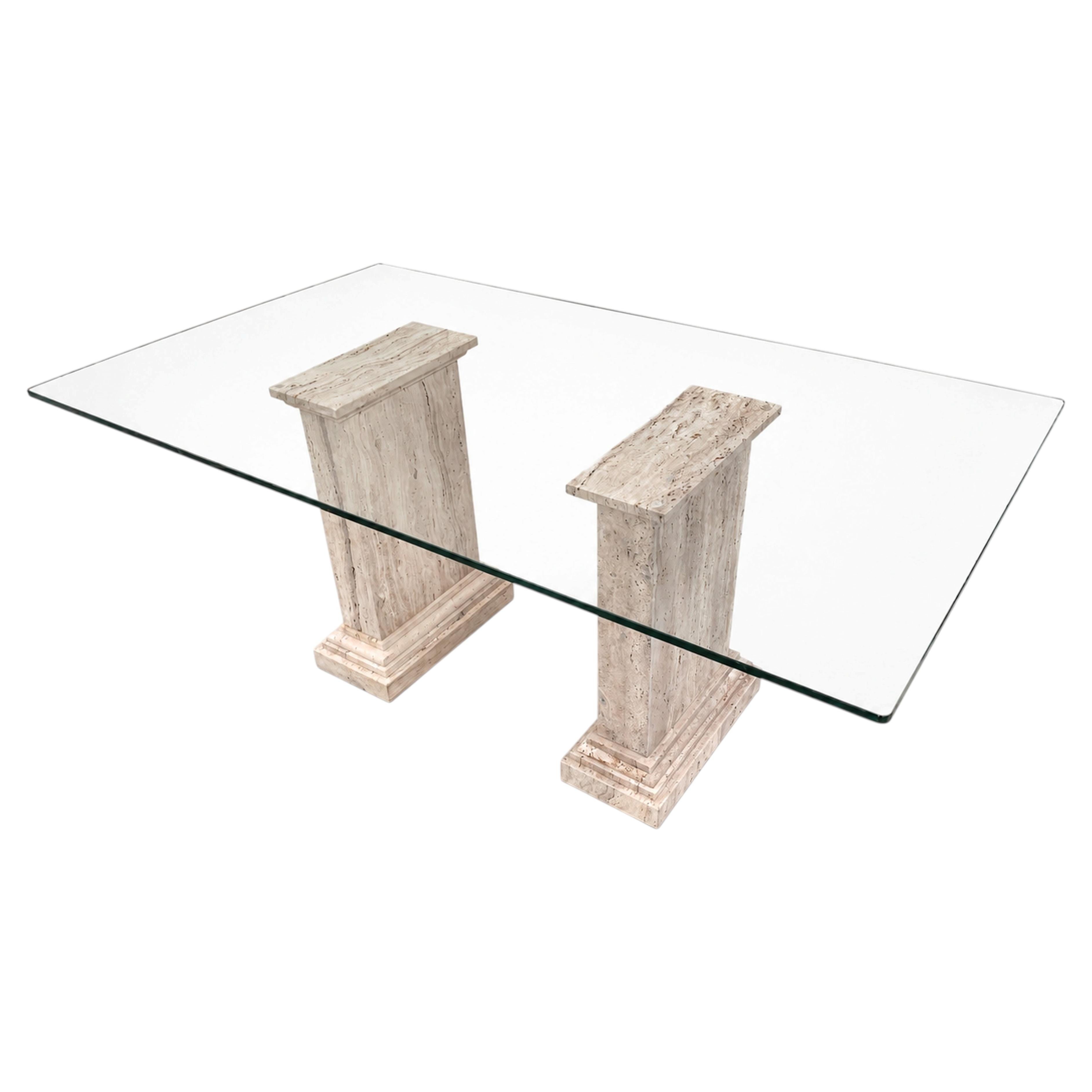 Mesa de Comedor Marina con Tapa de Cristal Travertino de Jara 1990 Pieza Única de Mitad de Siglo en venta