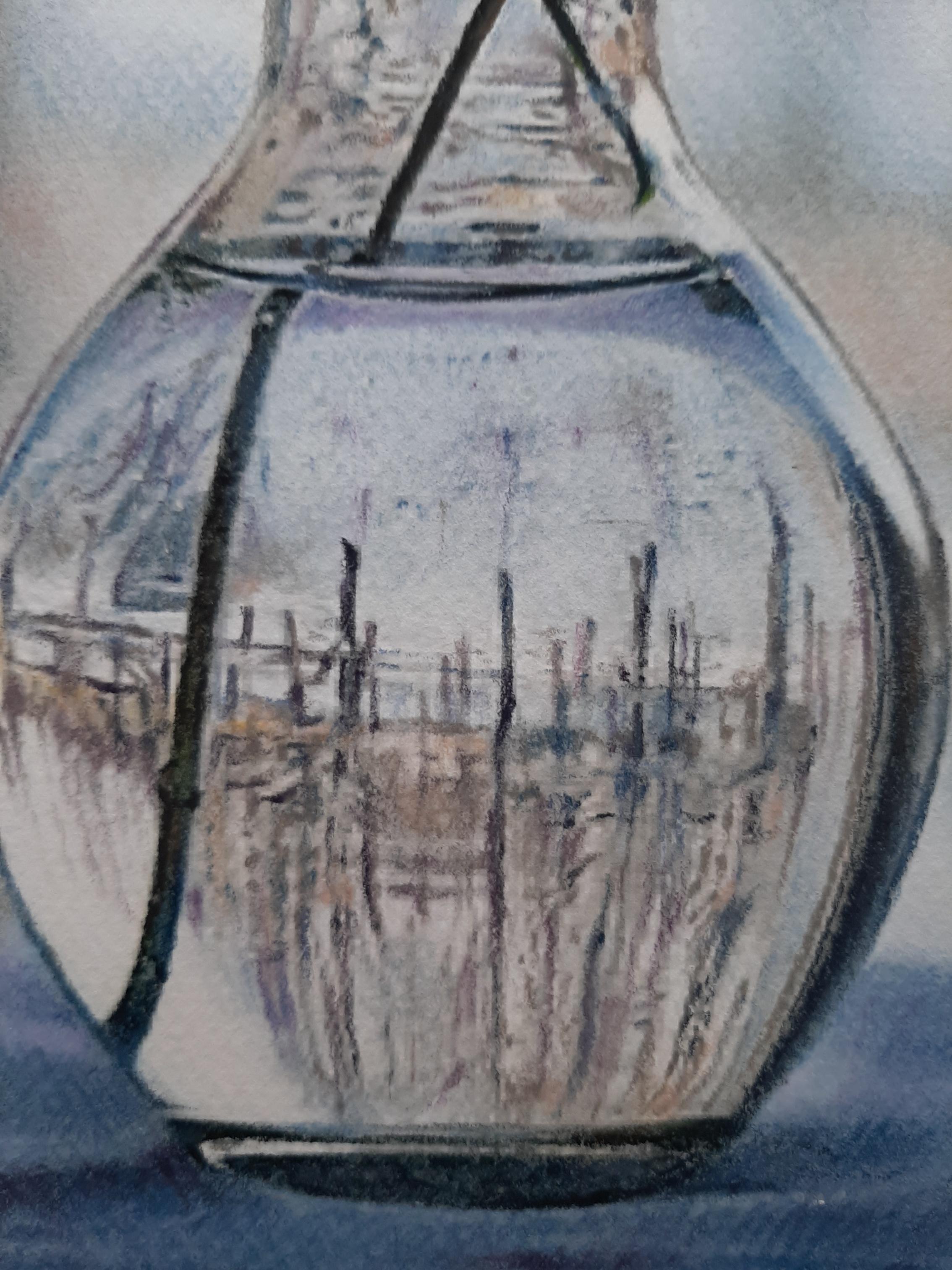Un día de invierno - Naturaleza muerta Pintura Beige Verde Blanco Negro Aguatinta Acuarela - Painting de Marina Dobrovolskaya