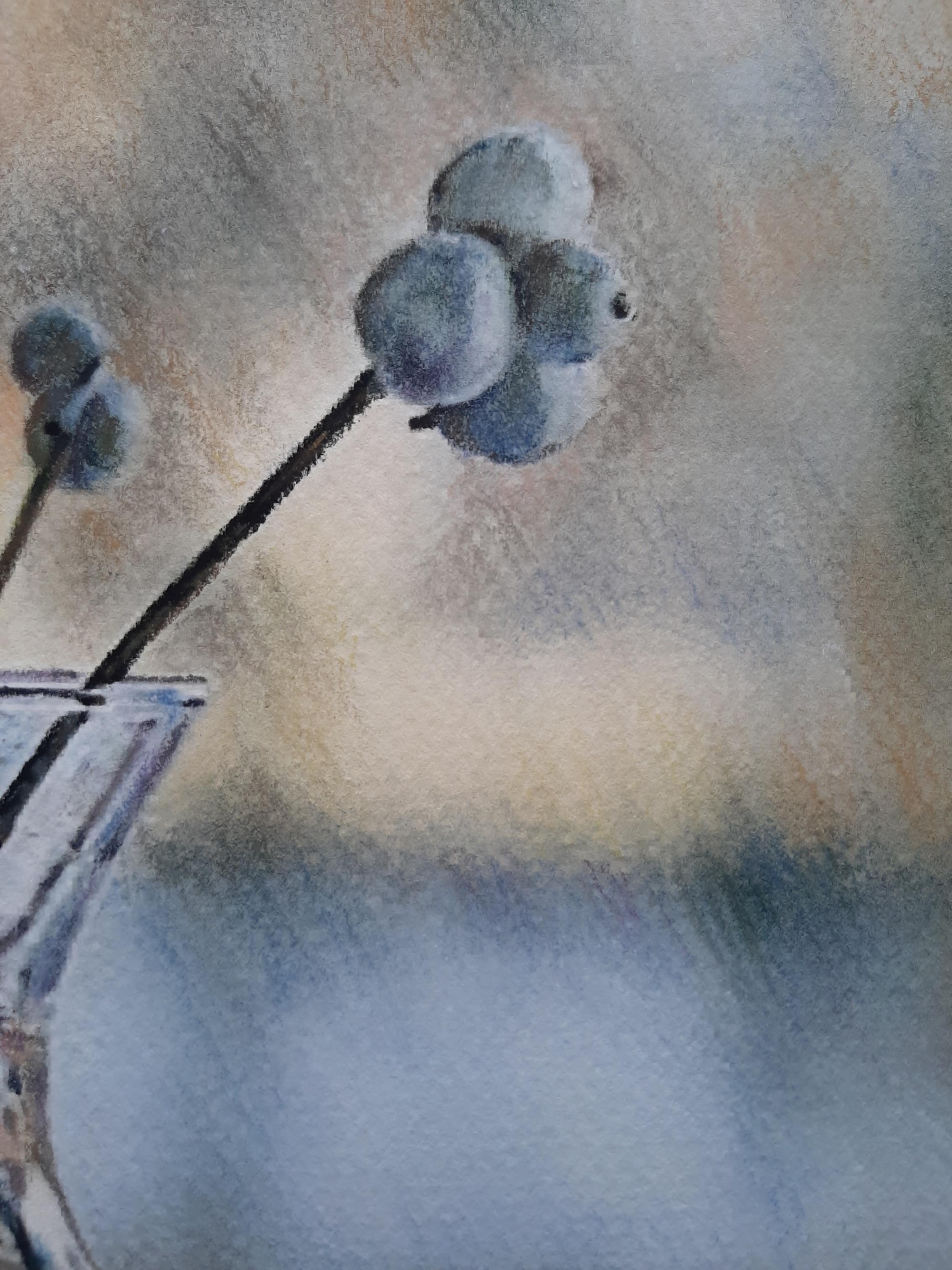 Un día de invierno - Naturaleza muerta Pintura Beige Verde Blanco Negro Aguatinta Acuarela - Painting Fotorrealista de Marina Dobrovolskaya