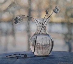 Un día de invierno - Naturaleza muerta Pintura Beige Verde Blanco Negro Aguatinta Acuarela