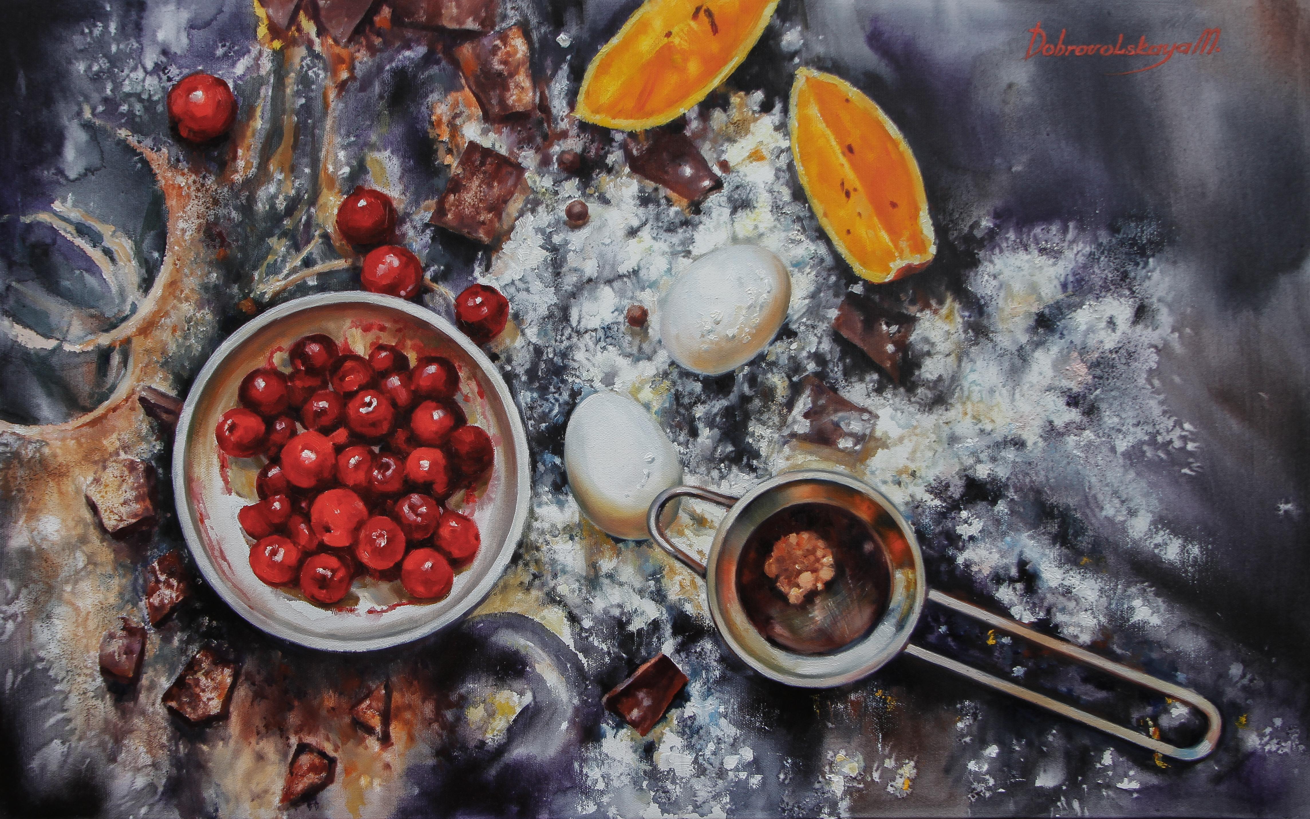 Marina Dobrovolskaya Still-Life Painting - Chocolate Taste- Still Life Painting Colors Grey Yellow White Green Red Orange 