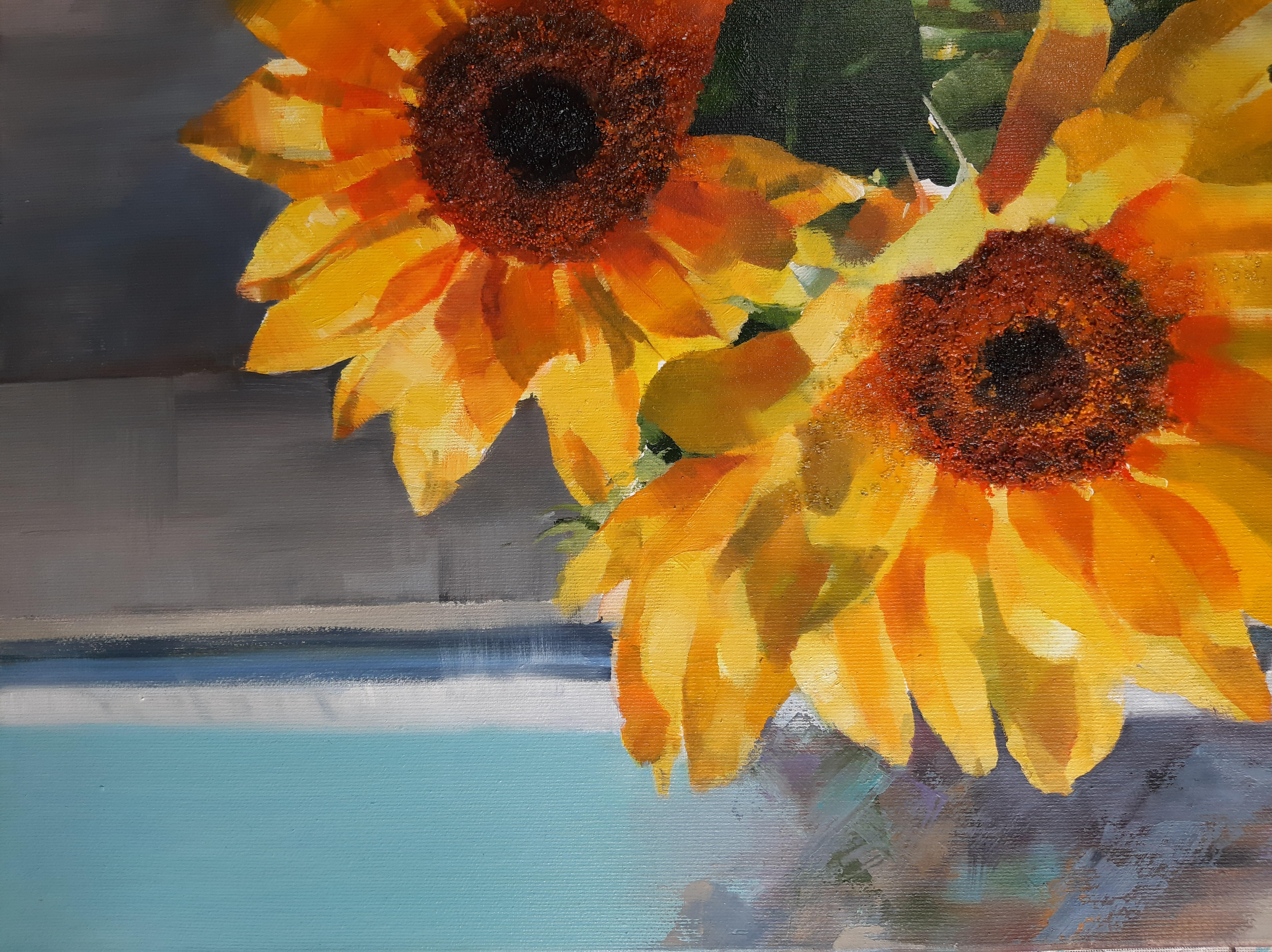 Fiori per la mamma - Pittura di una natura morta Colori Grigio Giallo Bianco Verde Rosso Arancione - Painting di Marina Dobrovolskaya