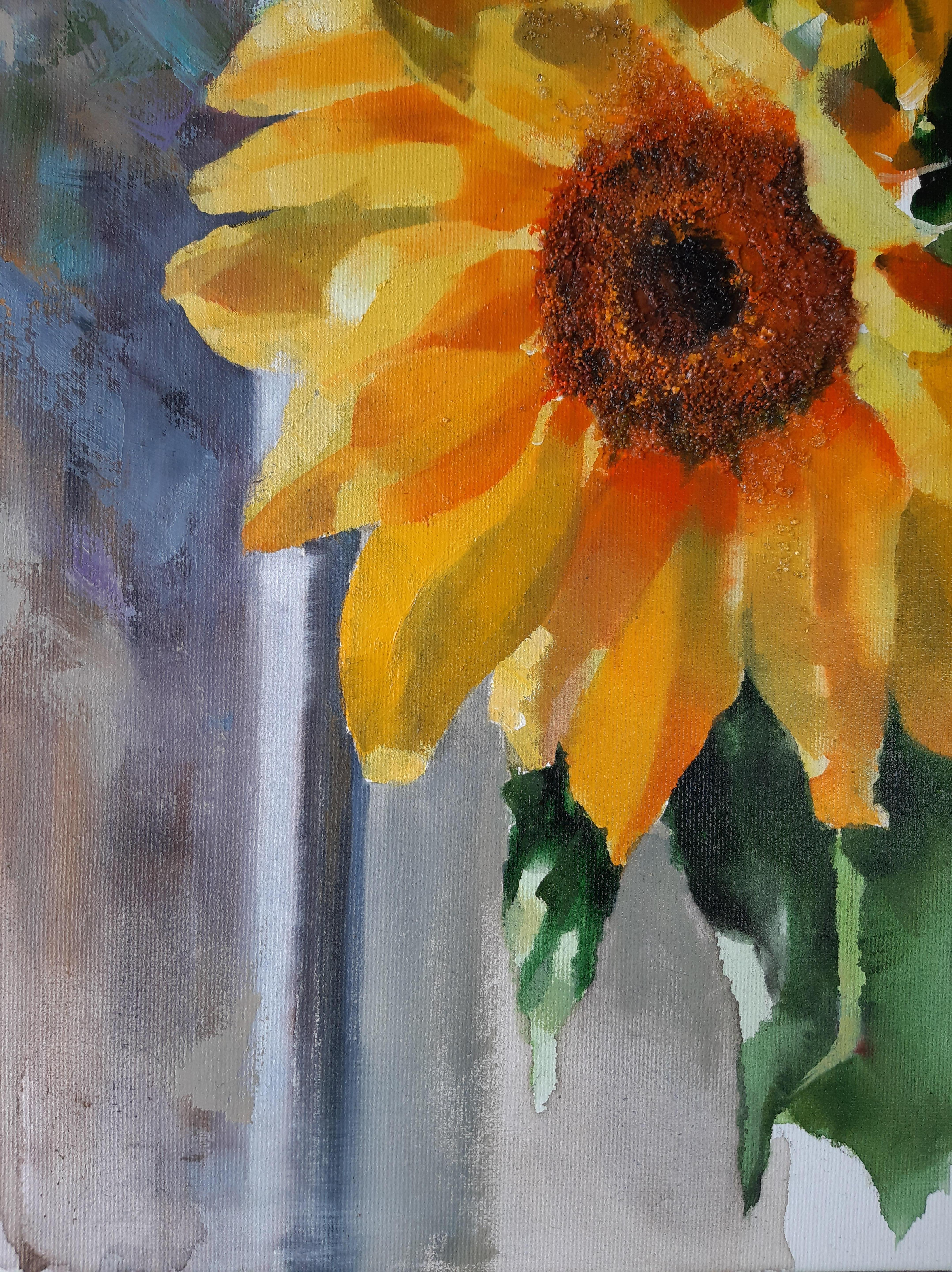 Flowers For Mom - Still Life Painting Colors Grey Yellow White Green Red Orange  en vente 2