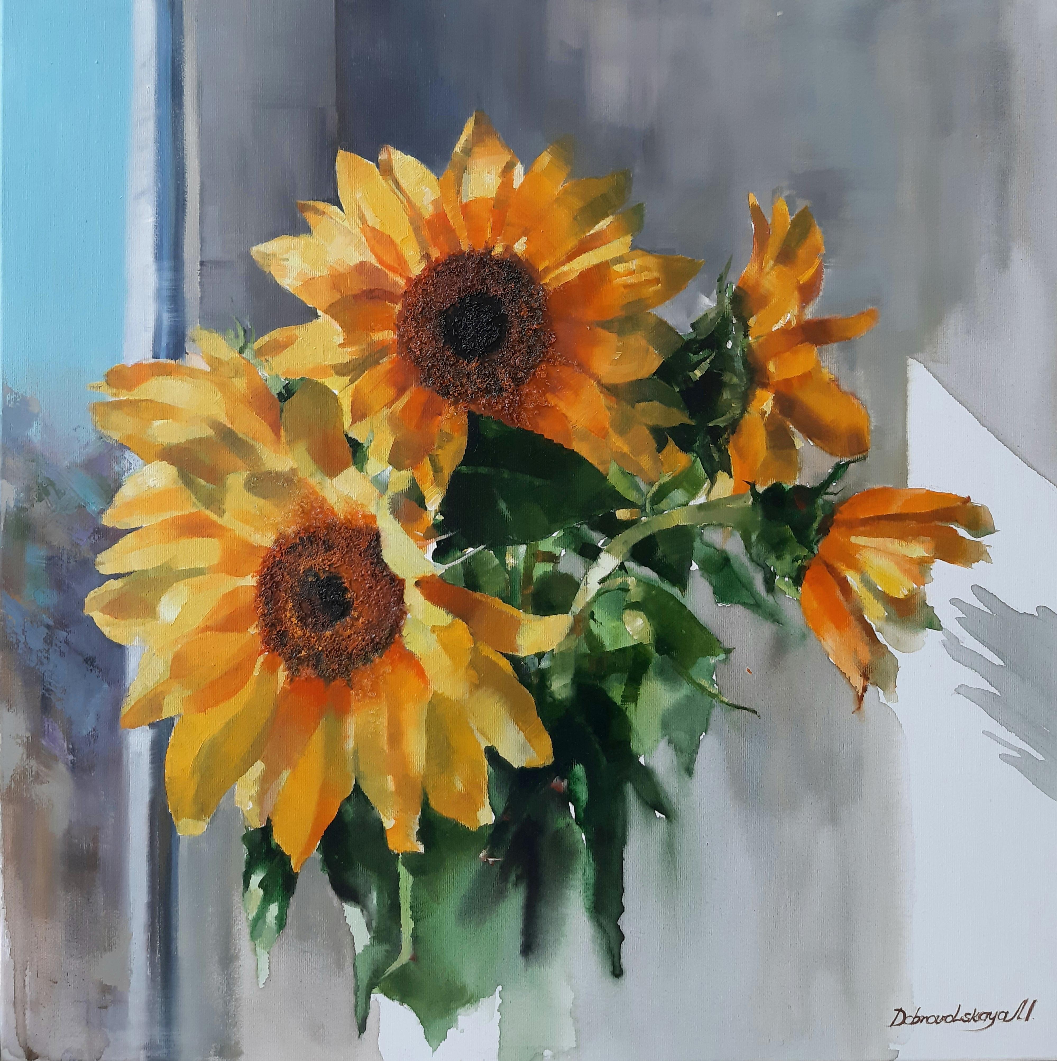 Marina Dobrovolskaya Still-Life Painting - Flowers For Mom - Still Life Painting Colors Grey Yellow White Green Red Orange 
