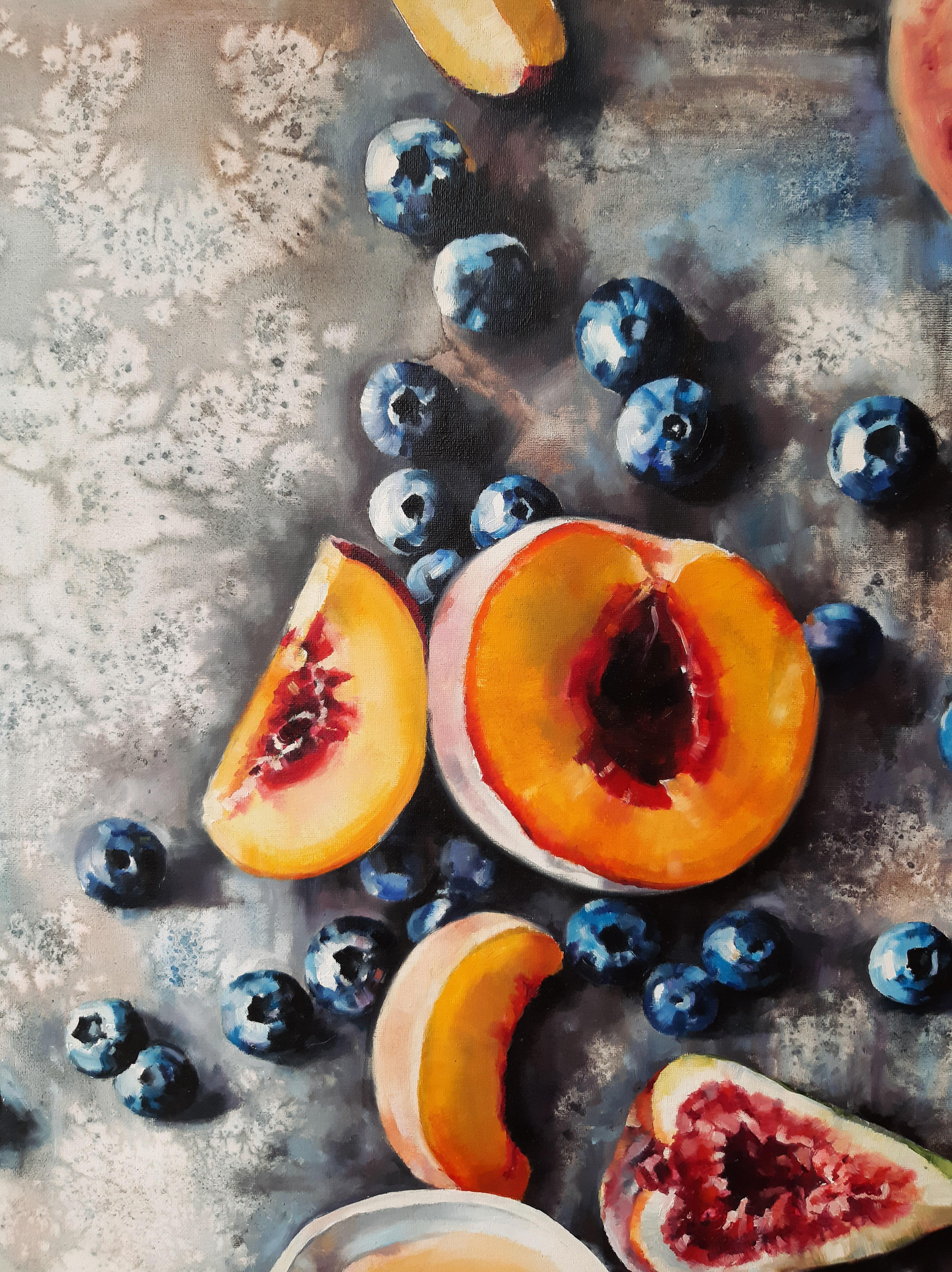 Fruits - Peinture aquatinte couleur pastel rouge, gris et blanc - Painting de Marina Dobrovolskaya