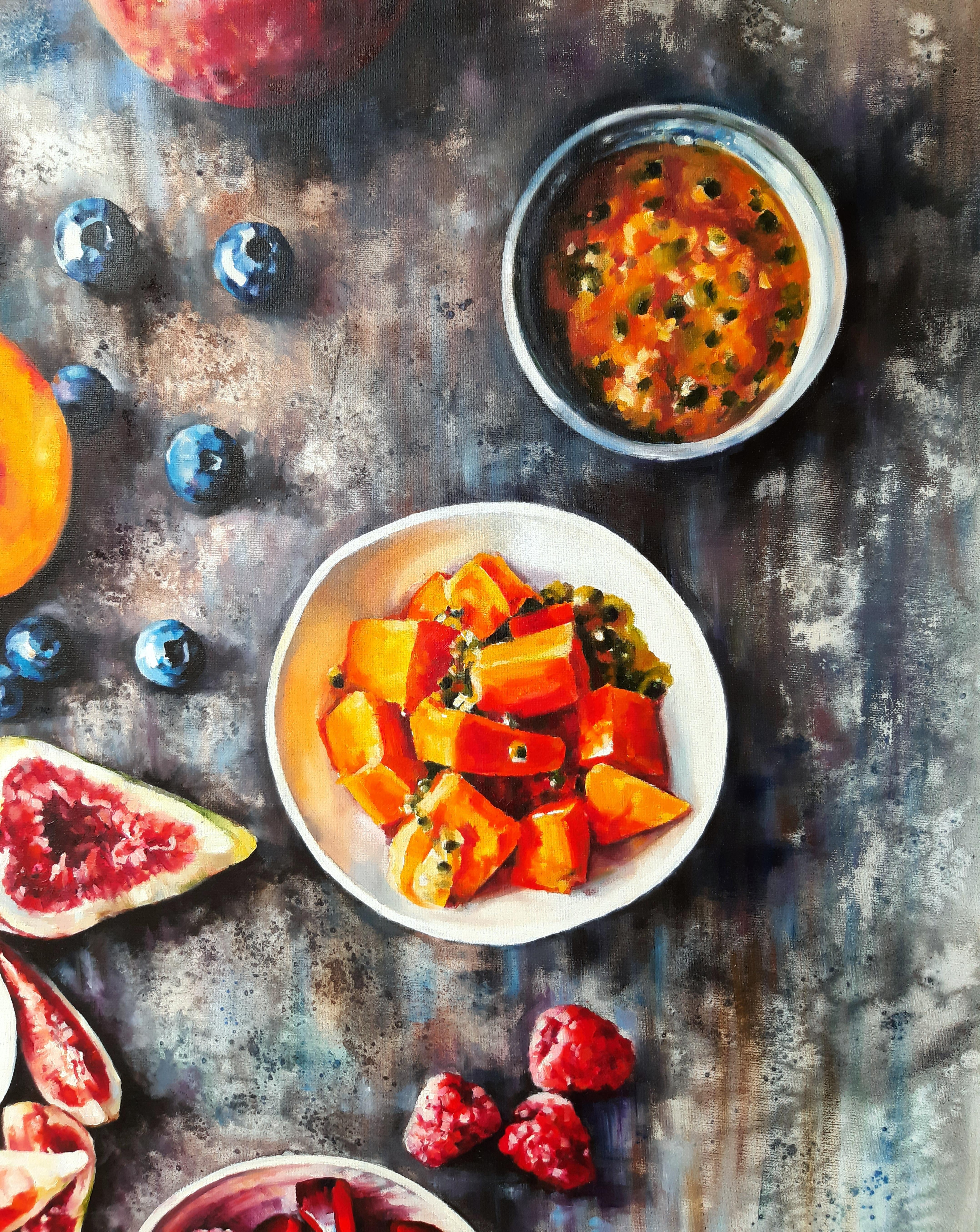 Fruits - Peinture aquatinte couleur pastel rouge, gris et blanc - Réalisme Painting par Marina Dobrovolskaya