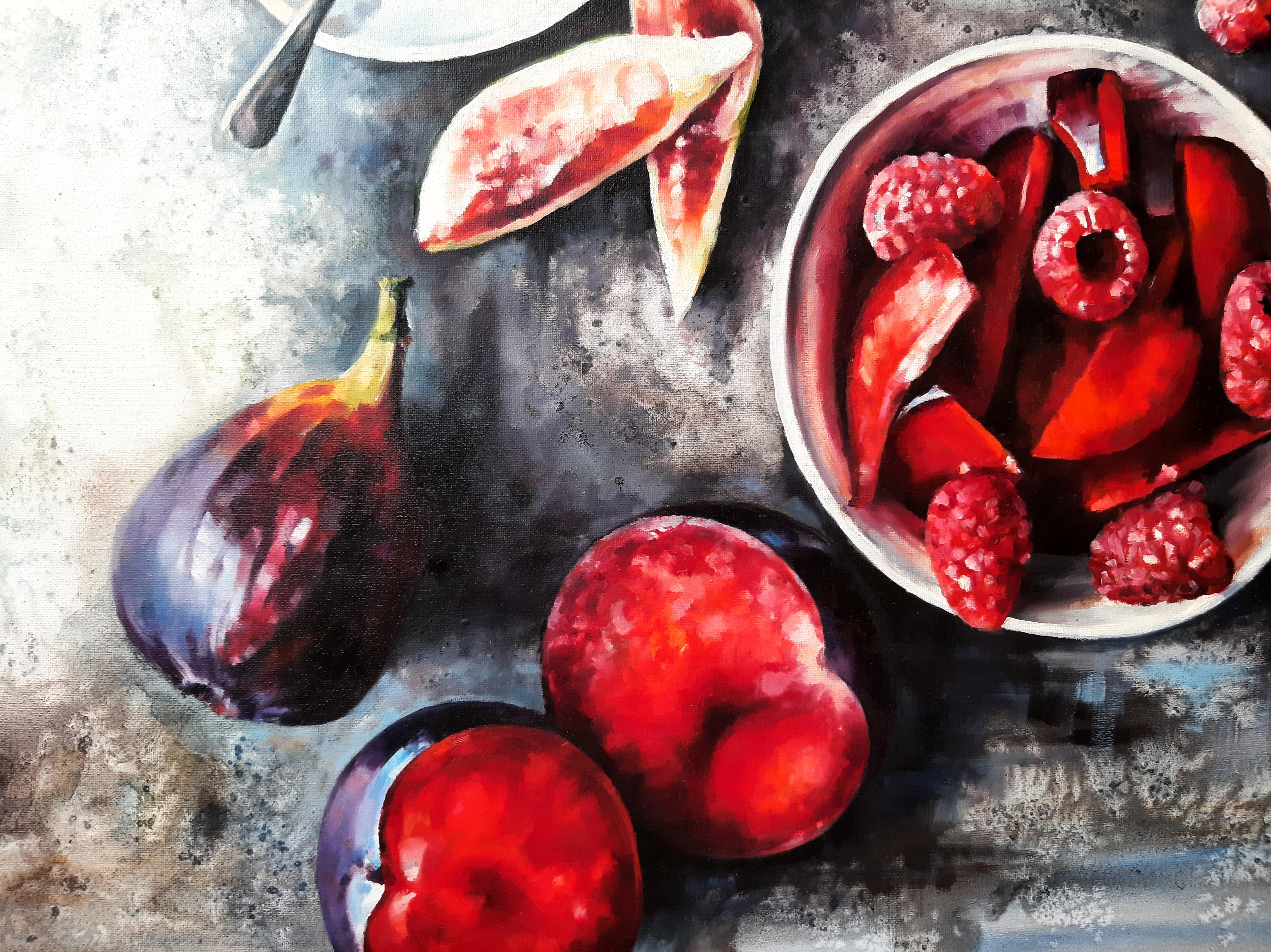 Fruits - Peinture aquatinte couleur pastel rouge, gris et blanc en vente 1
