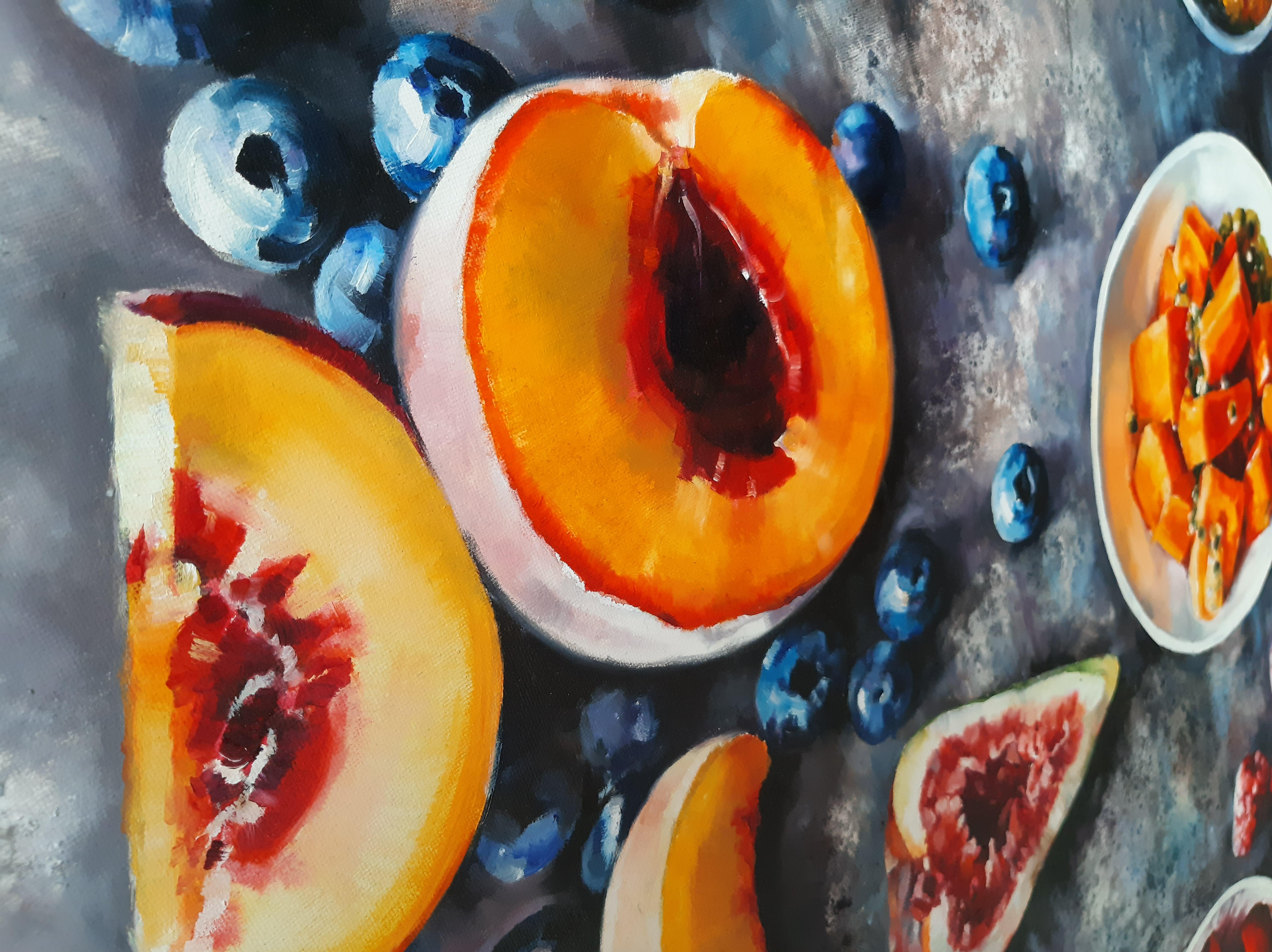 Fruits - Peinture aquatinte couleur pastel rouge, gris et blanc en vente 2
