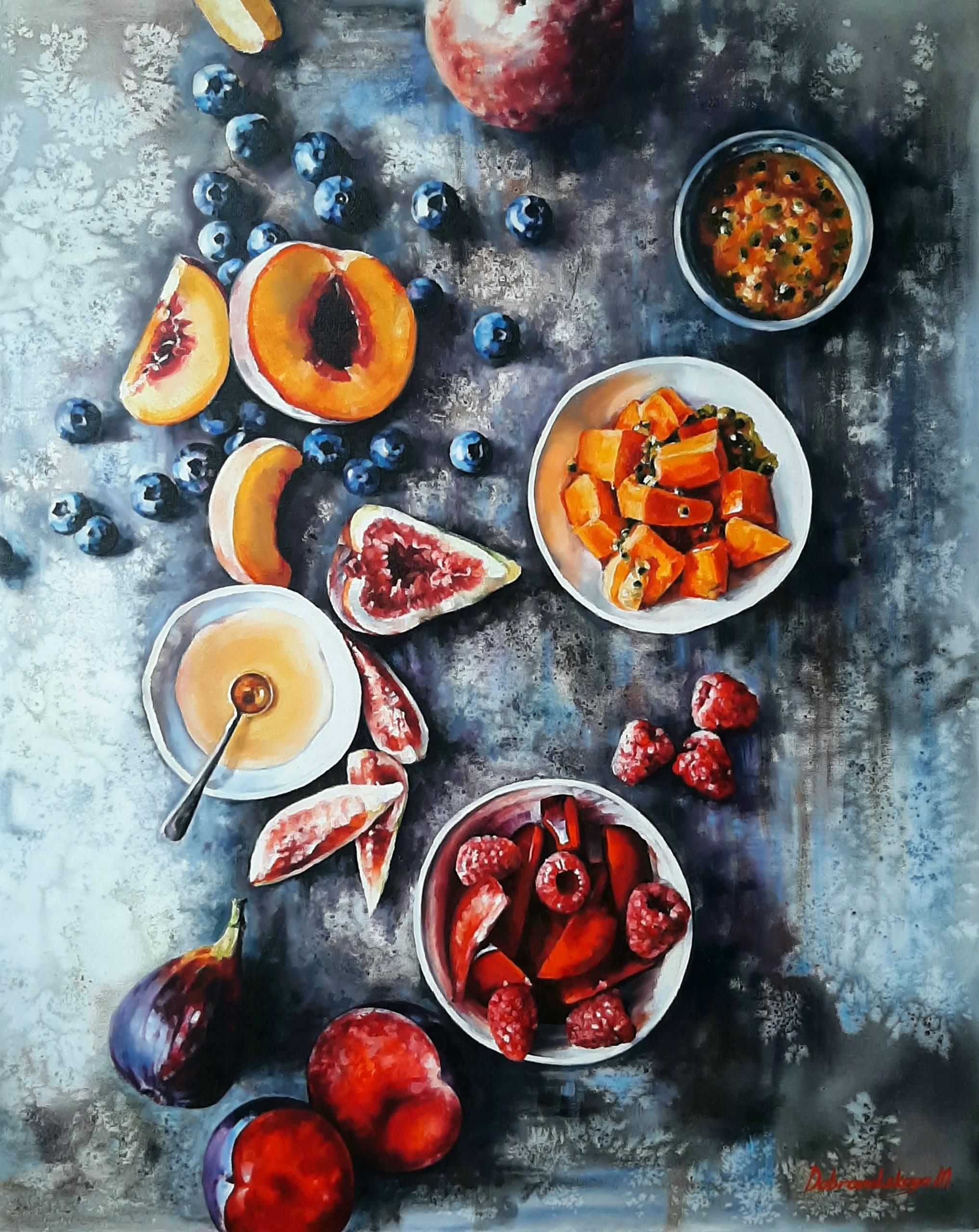 Still-Life Painting Marina Dobrovolskaya - Fruits - Peinture aquatinte couleur pastel rouge, gris et blanc