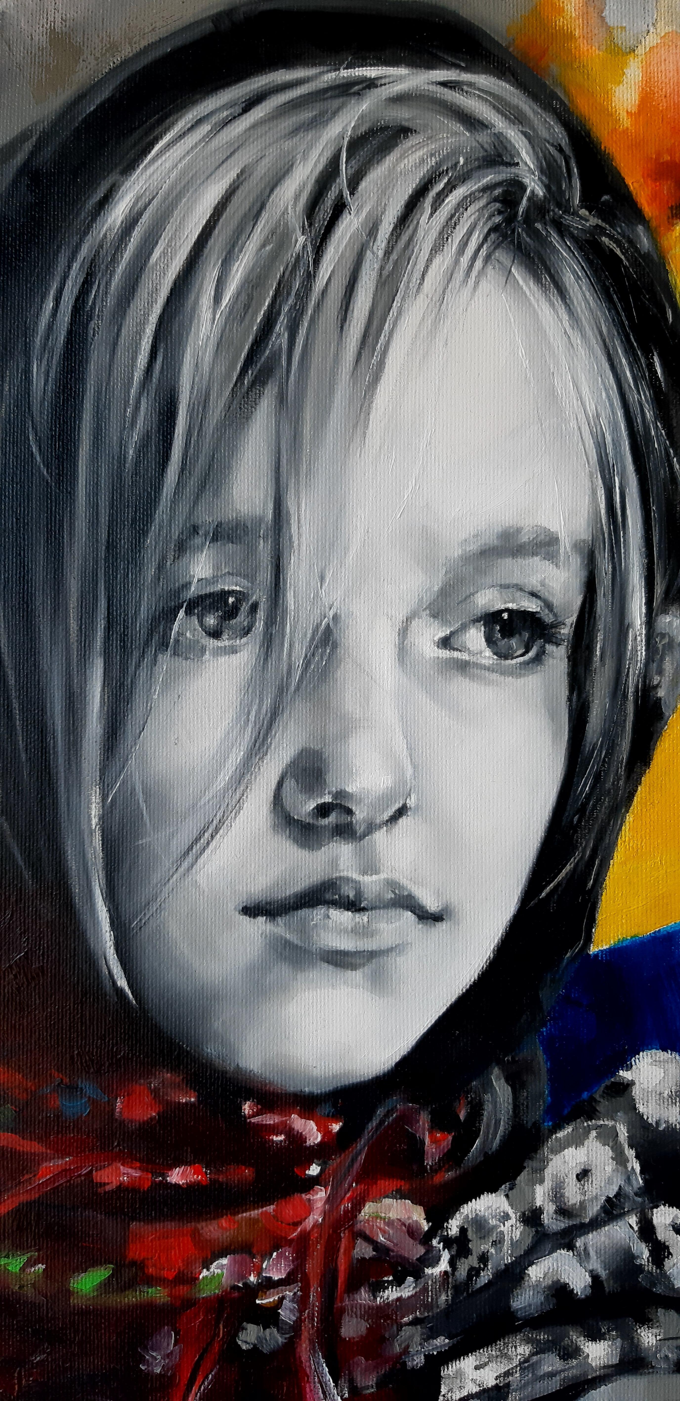 enfance Stolen - Peinture de portrait rouge, jaune, vert, blanc, noir, bleu et gris - Painting de Marina Dobrovolskaya