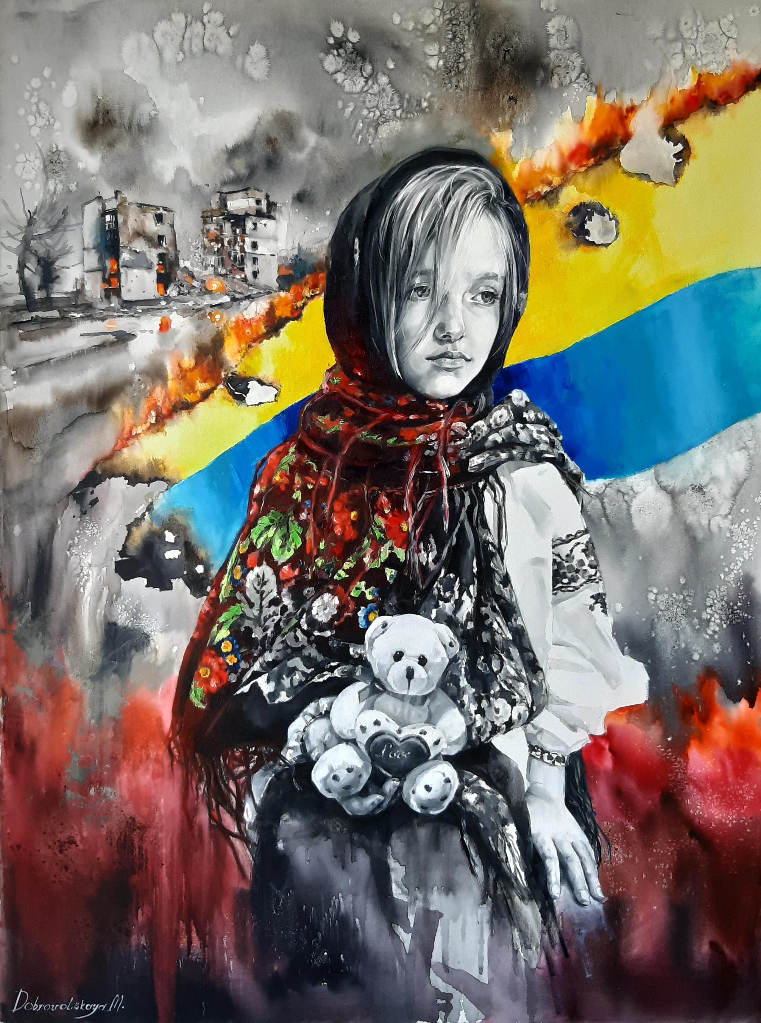 Marina Dobrovolskaya Landscape Painting - Stolen childhood - Portrait Painting Red Yellow Green White Black Blue Grey