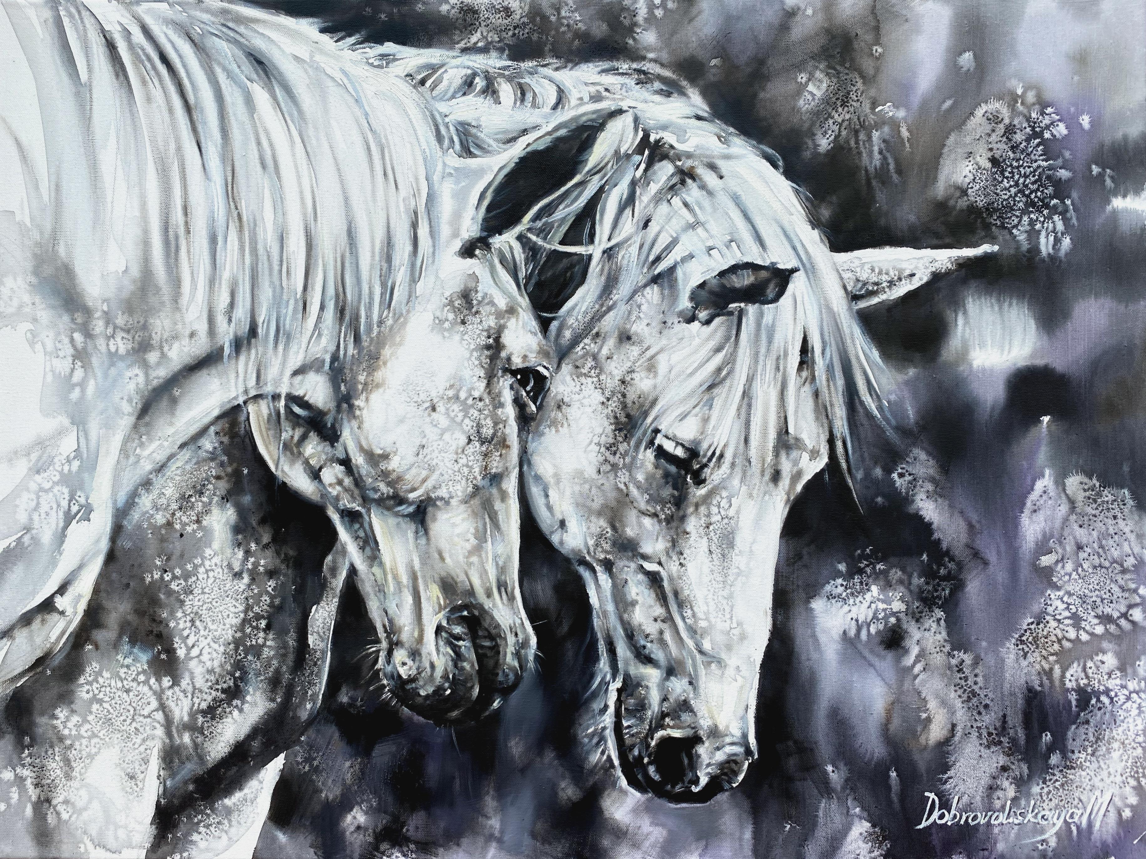 Tenderness - Painting Aquatint Pastel Color Grey White