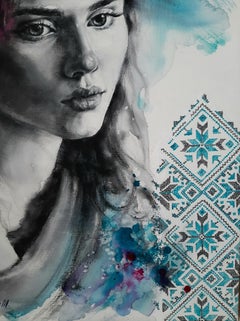 Ukrainischer Winter – Porträtgemälde in Rot, Gelb, Grün, Weiß, Schwarz, Blau und Grau